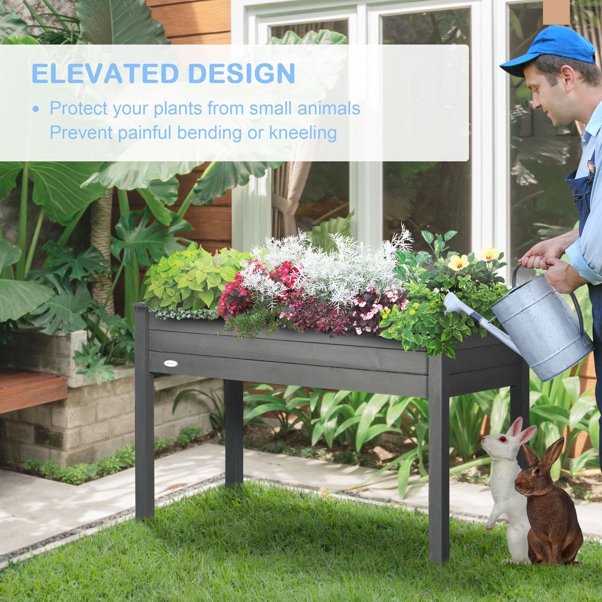 Outsunny 48" Raised Garden Bed, Elevated Wooden Planter Box with Holes for Vegetables, Herb, Flowers for Backyard, Dark Gray