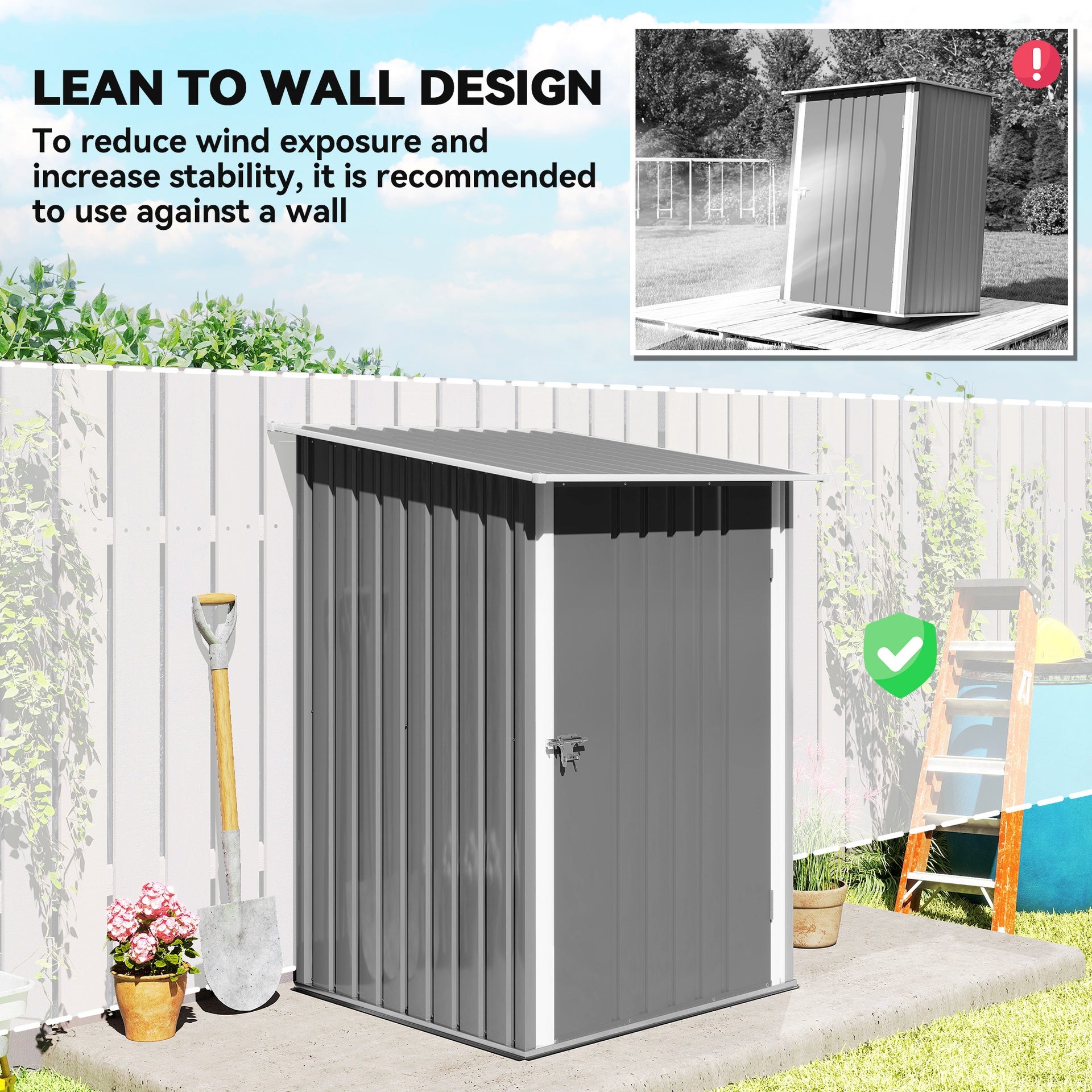 Outsunny Outdoor 3.3' x 3.4' Lean-to Garden Storage Shed, Galvanized Steel Tool House with Lockable Door for Patio, Gray
