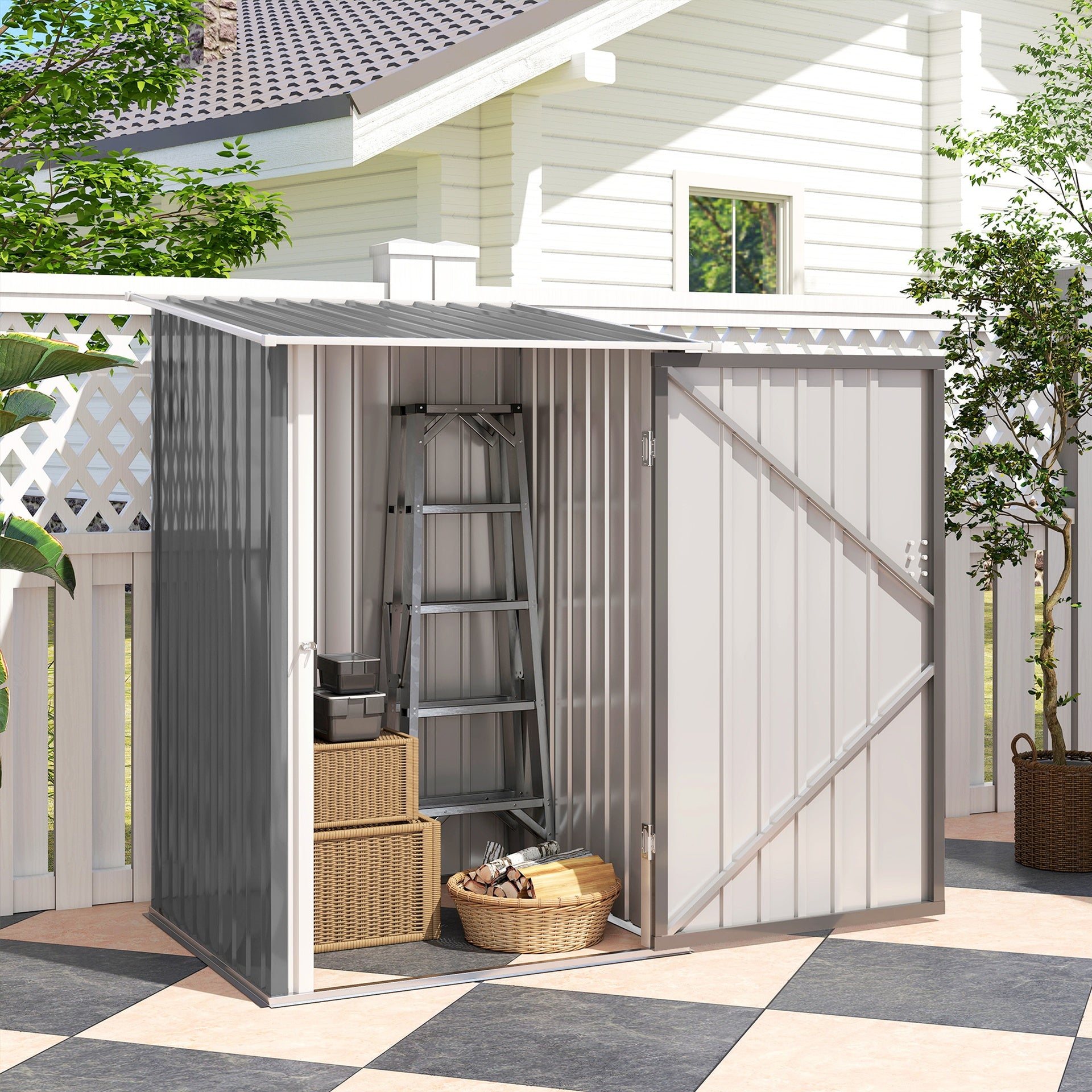 Outsunny Outdoor 3.3' x 3.4' Lean-to Garden Storage Shed, Galvanized Steel Tool House with Lockable Door for Patio, Gray