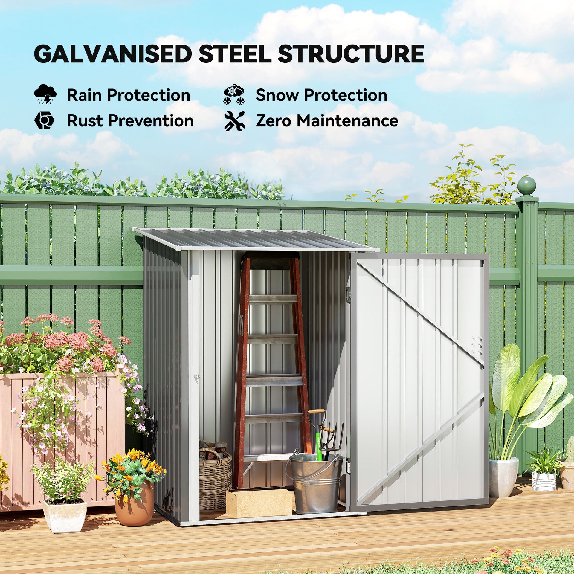 Outsunny Outdoor 3.3' x 3.4' Lean-to Garden Storage Shed, Galvanized Steel Tool House with Lockable Door for Patio, Gray