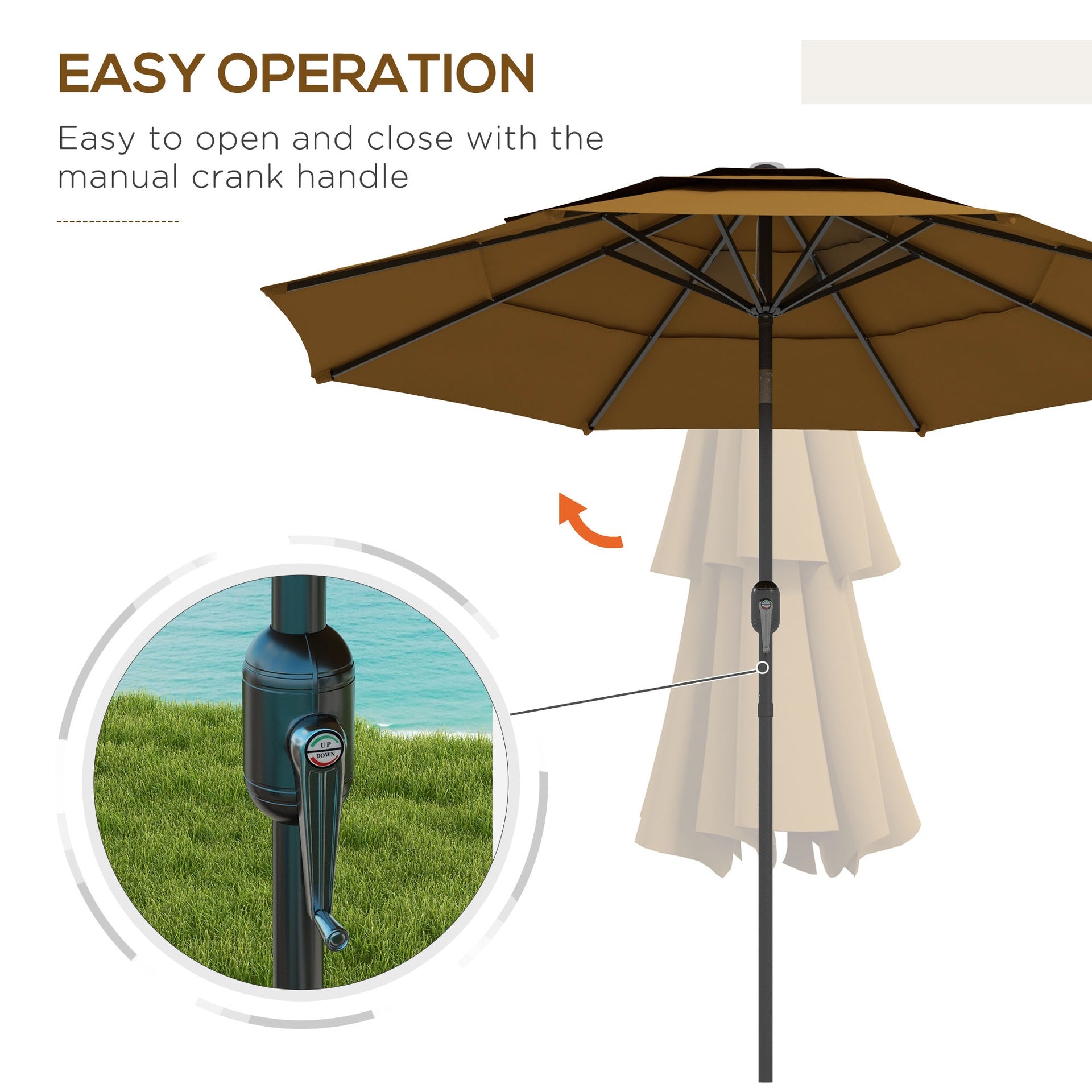 Outsunny 9FT 3 Tiers Outdoor Patio Umbrella with Crank, Push Button Tilt for Deck, Backyard and Lawn, Tan