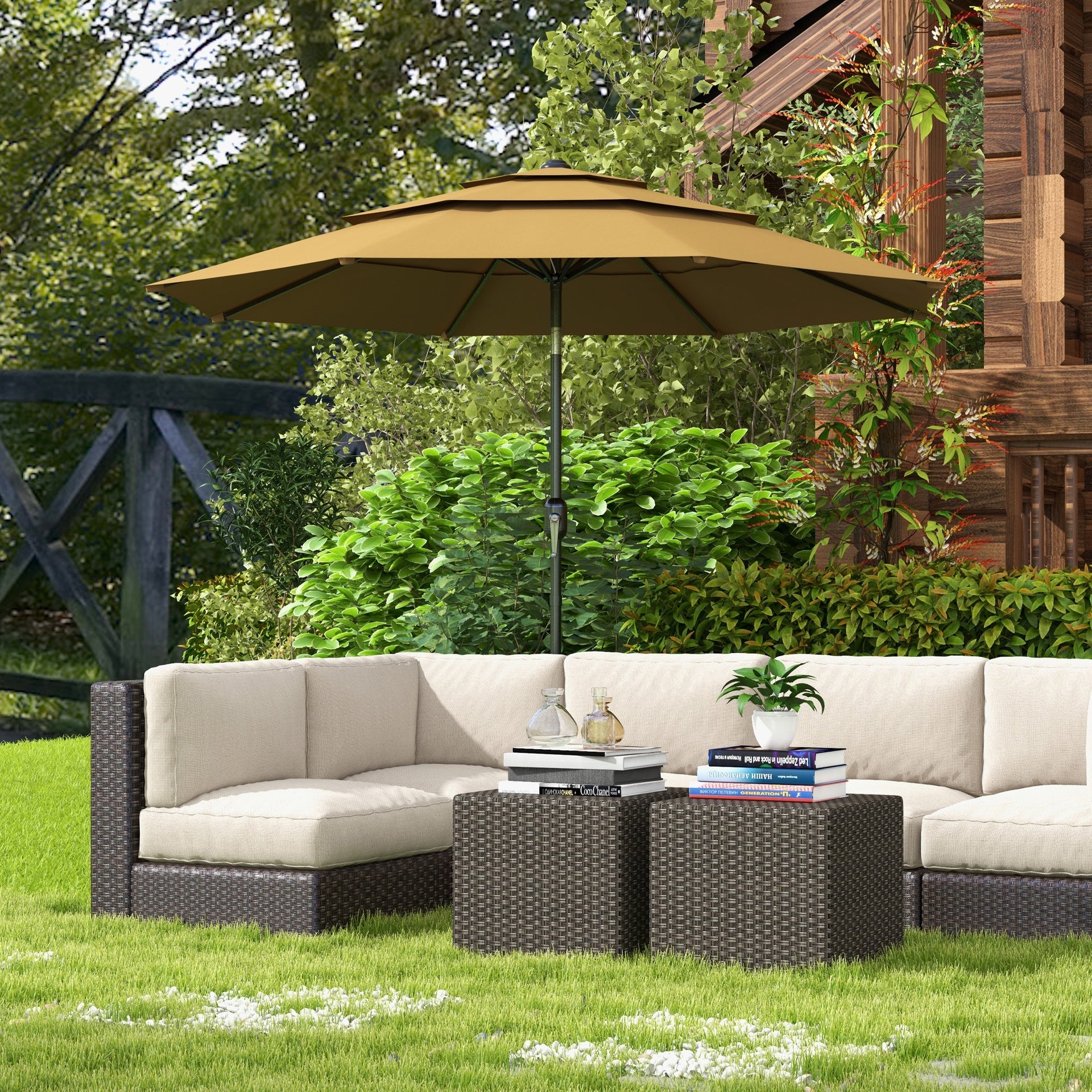 Outsunny 9FT 3 Tiers Outdoor Patio Umbrella with Crank, Push Button Tilt for Deck, Backyard and Lawn, Tan
