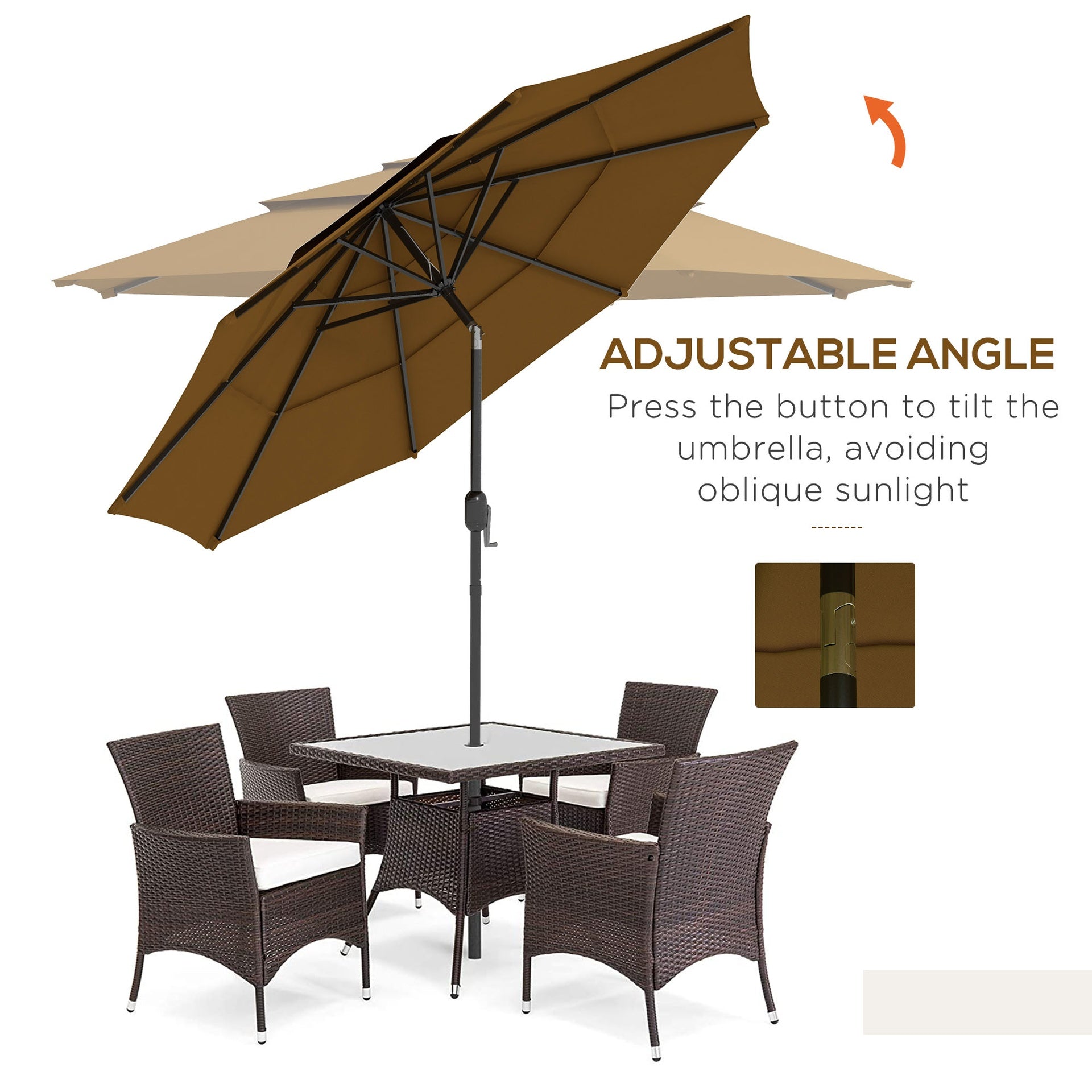 Outsunny 9FT 3 Tiers Outdoor Patio Umbrella with Crank, Push Button Tilt for Deck, Backyard and Lawn, Tan