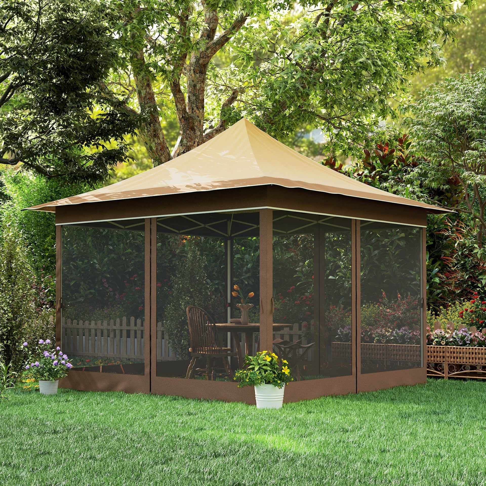 Outsunny 12 x 12 ft. Canopy Tent with Mesh Netting, UPF50+ Pop Up Tent with Carry Bag for Garden, Patio, Beige