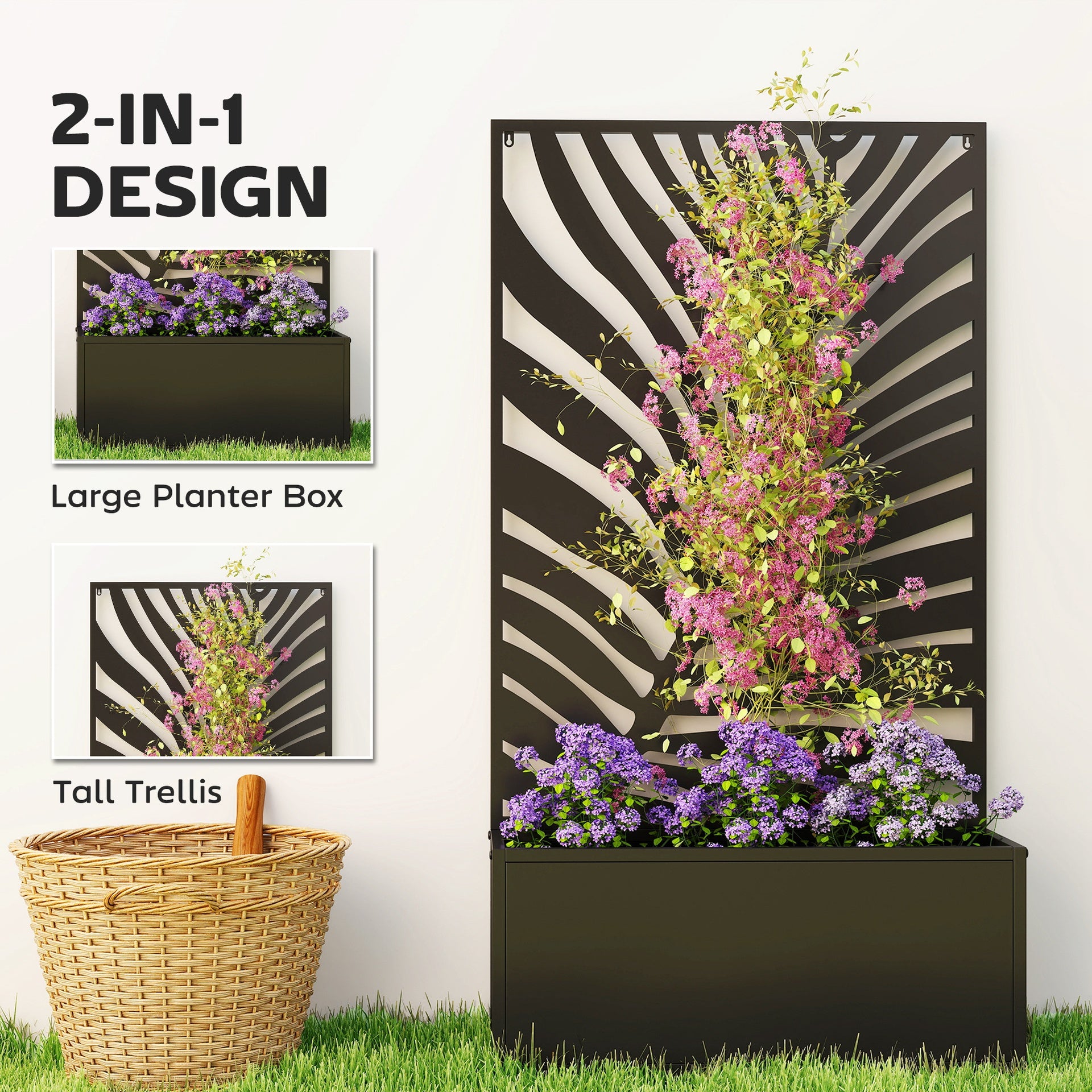 Outsunny Metal Garden Bed with Trellis for Climbing Plants, Freestanding or Wall Mounted Flower Bed for Garden, Patio, Balcony