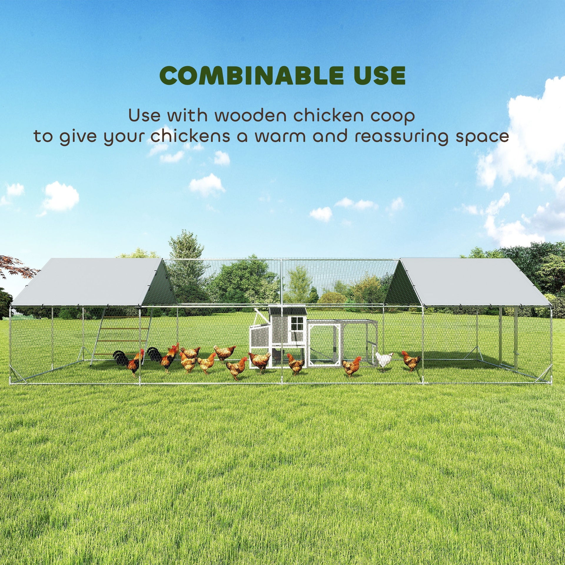 PawHut Metal Chicken Coop, 26' x 10' x 6.4' Large Chicken Run with Feeding Door, Waterproof Cover, Hanging Feeder, Perch