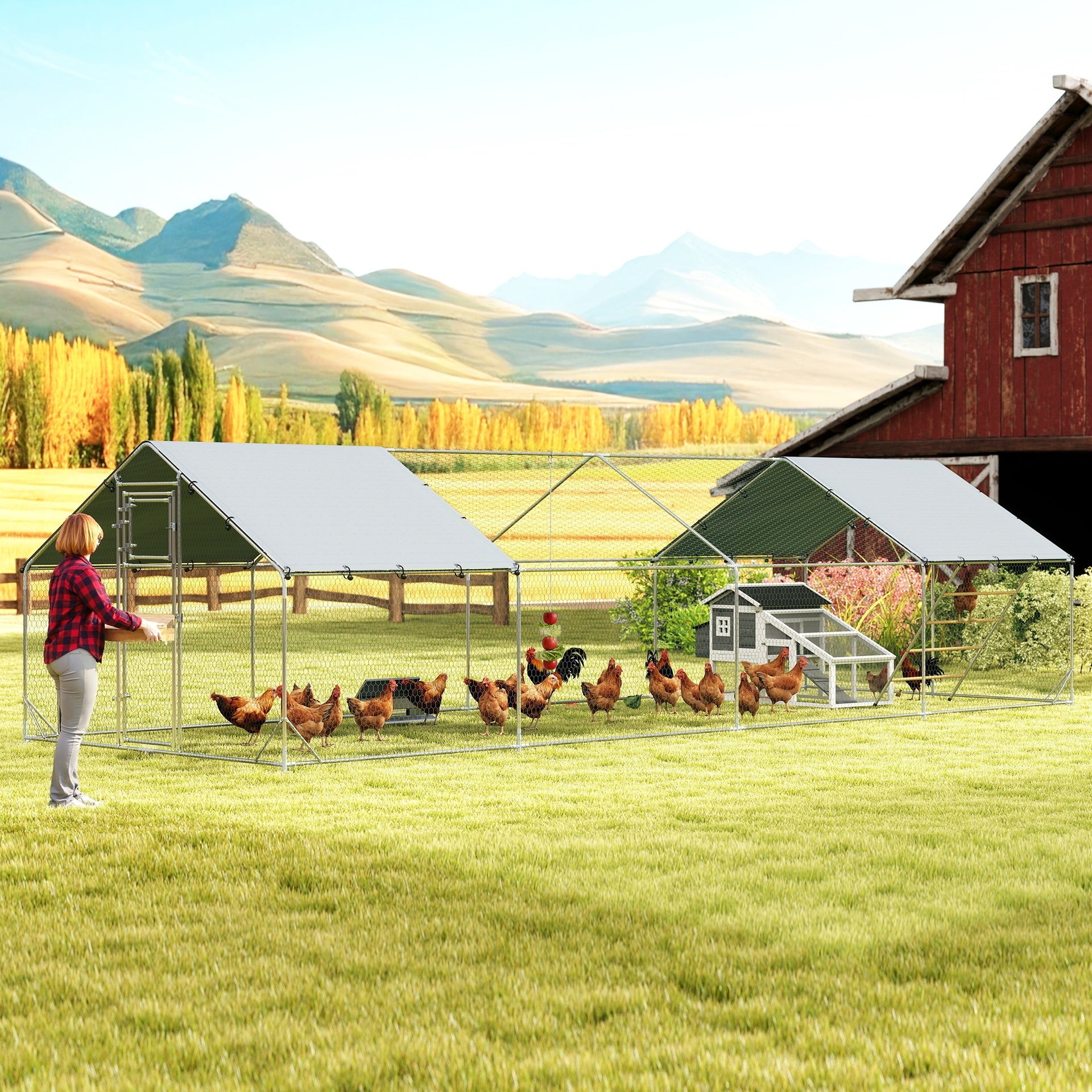 PawHut Metal Chicken Coop, 26' x 10' x 6.4' Large Chicken Run with Feeding Door, Waterproof Cover, Hanging Feeder, Perch