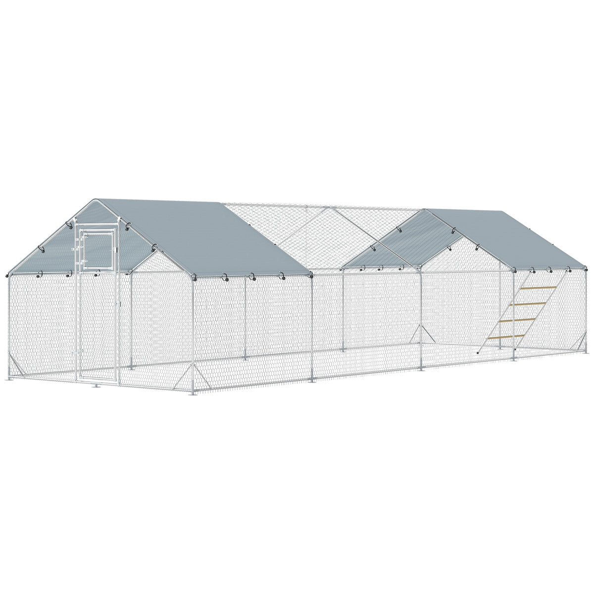 PawHut Metal Chicken Coop, 26' x 10' x 6.4' Large Chicken Run with Feeding Door, Waterproof Cover, Hanging Feeder, Perch