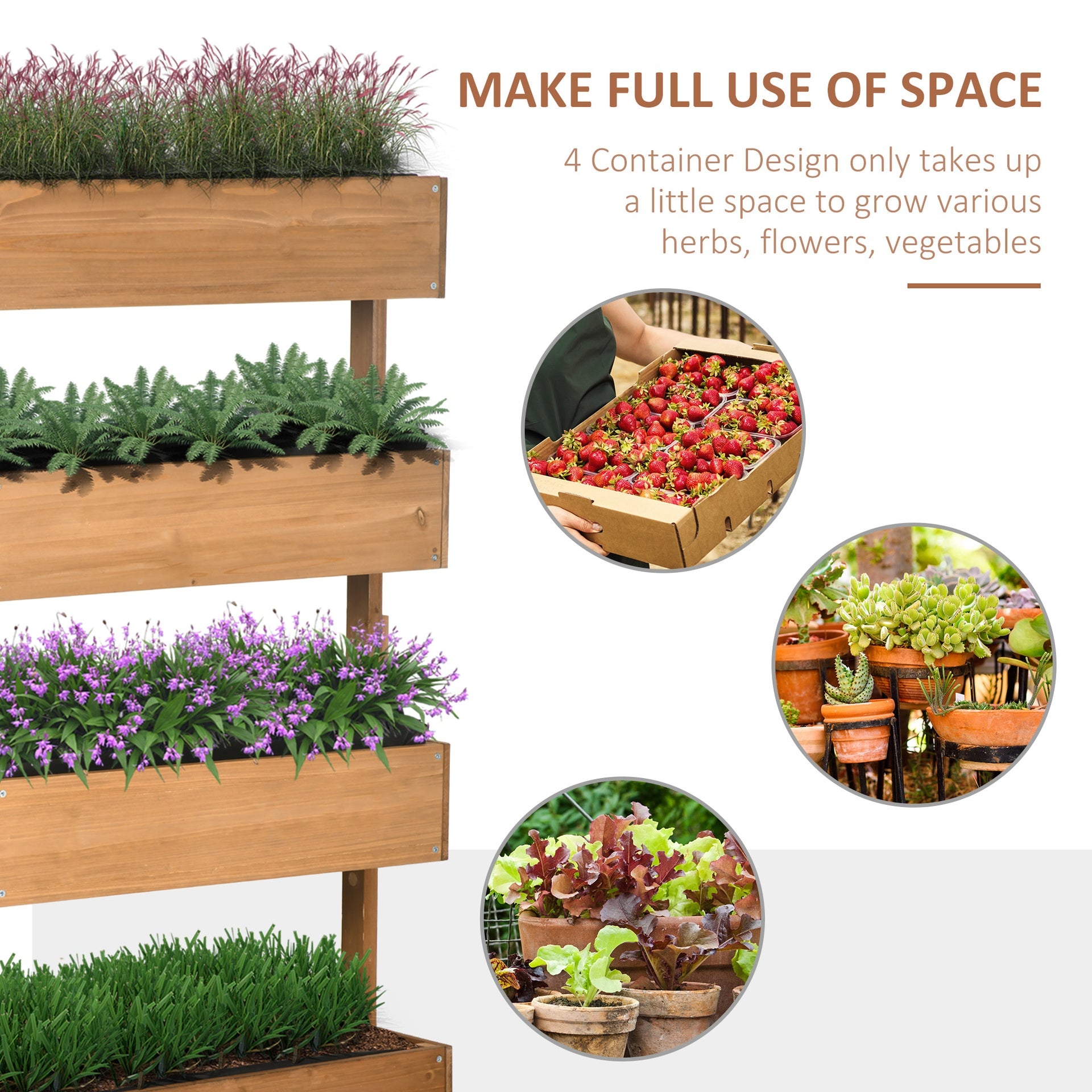 Outsunny Vertical 4 Tier Raised Garden Bed, Wooden Planter Box, Self-Draining with Bed Liner for Indoor Outdoor Flowers, Vegetables and Herbs, Orange