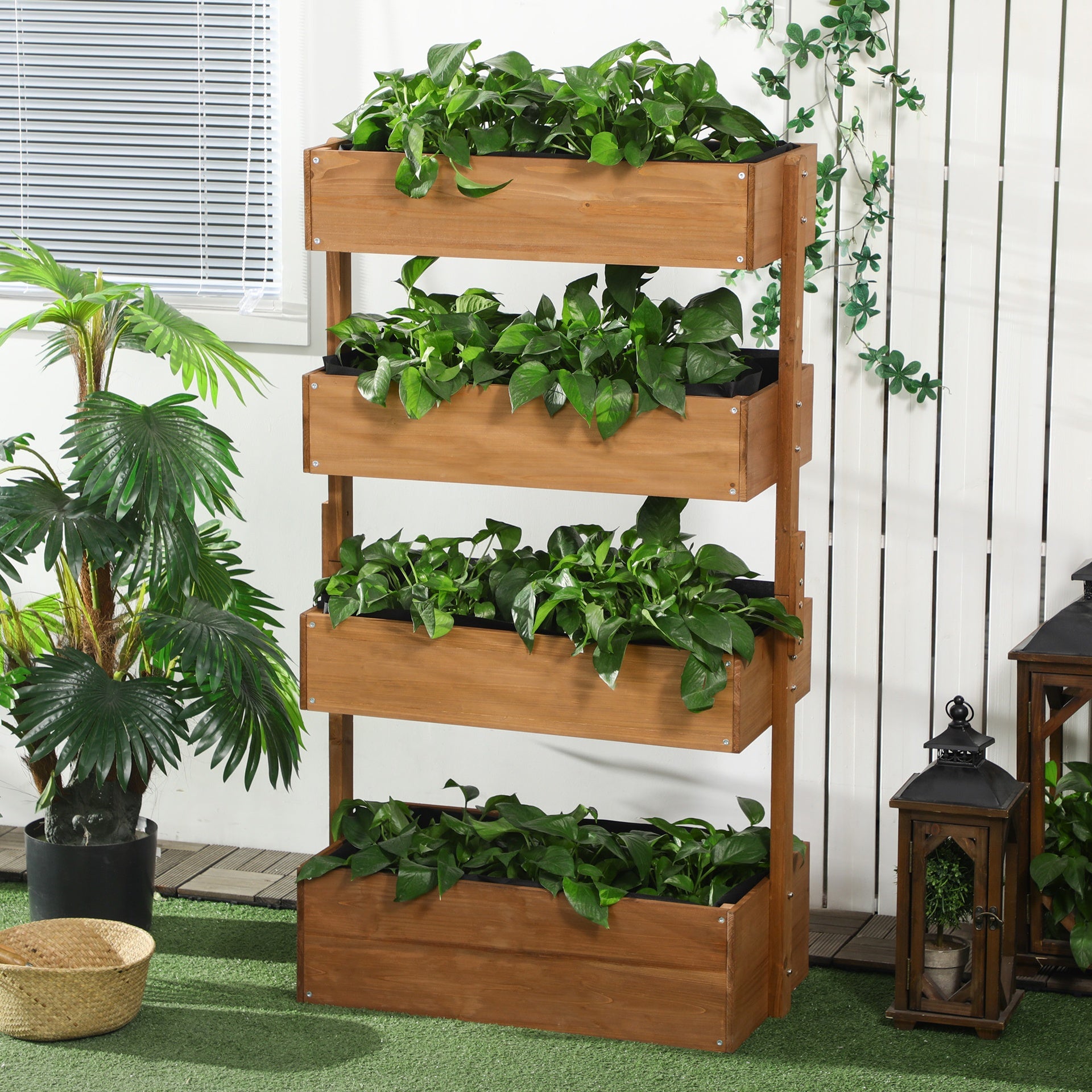 Outsunny Vertical 4 Tier Raised Garden Bed, Wooden Planter Box, Self-Draining with Bed Liner for Indoor Outdoor Flowers, Vegetables and Herbs, Orange