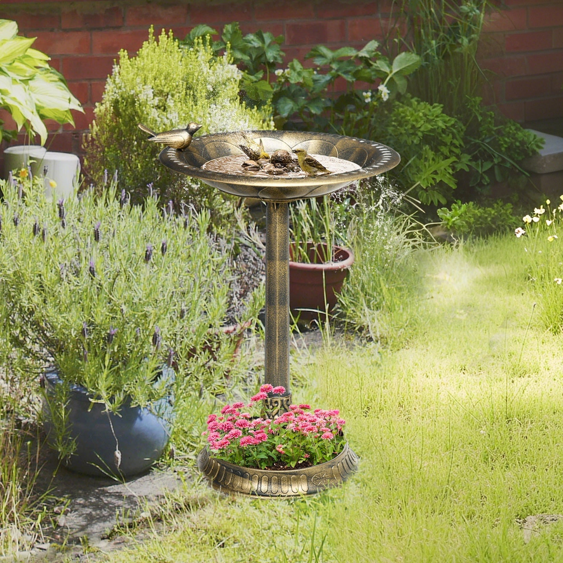 Outsunny 28" Antique Bird Bath Decorative Birdbath Bird Feeder Bowl with Planter Pedestal and Bird Statues, Bronze
