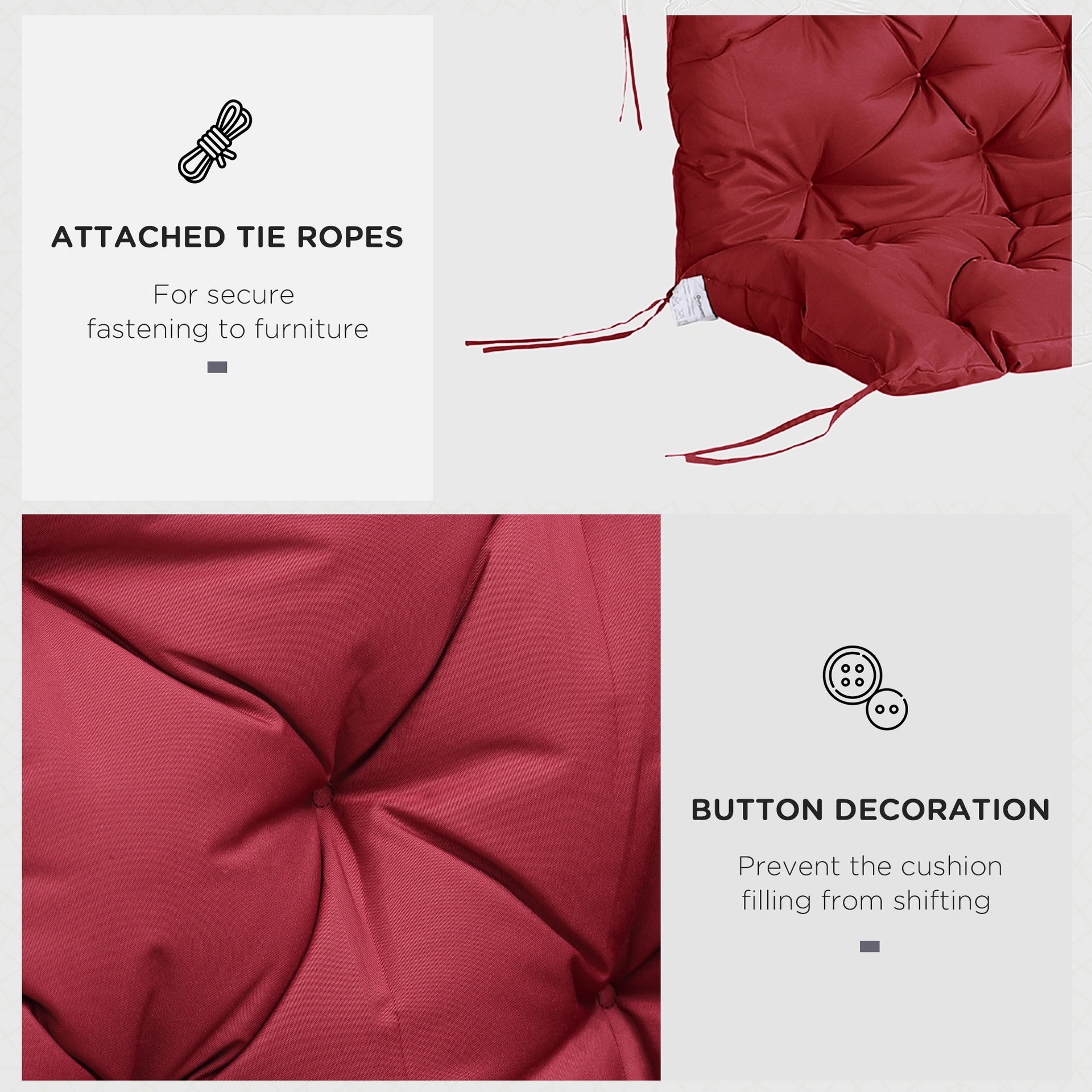 Outsunny 59" x 38" Tufted Bench Cushion for Outdoor Furniture, 3-Seater Replacement for Swing Chair, Patio Sofa/Couch, Wine Red