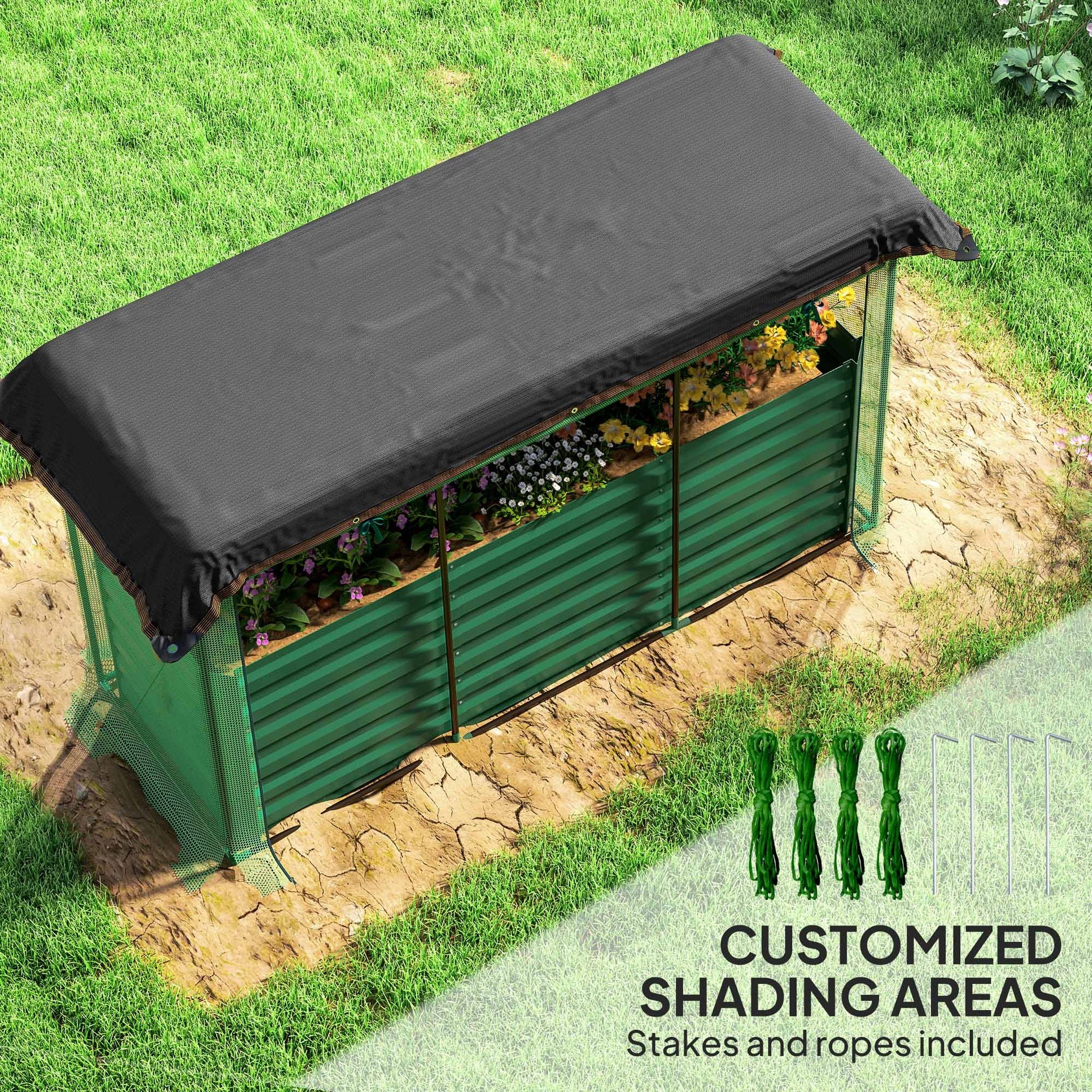 Outsunny Galvanized Steel Planter Box with Crop Cage and Shade Cloth, Raised Garden Bed for Flowers, Veggies and Herbs, Green