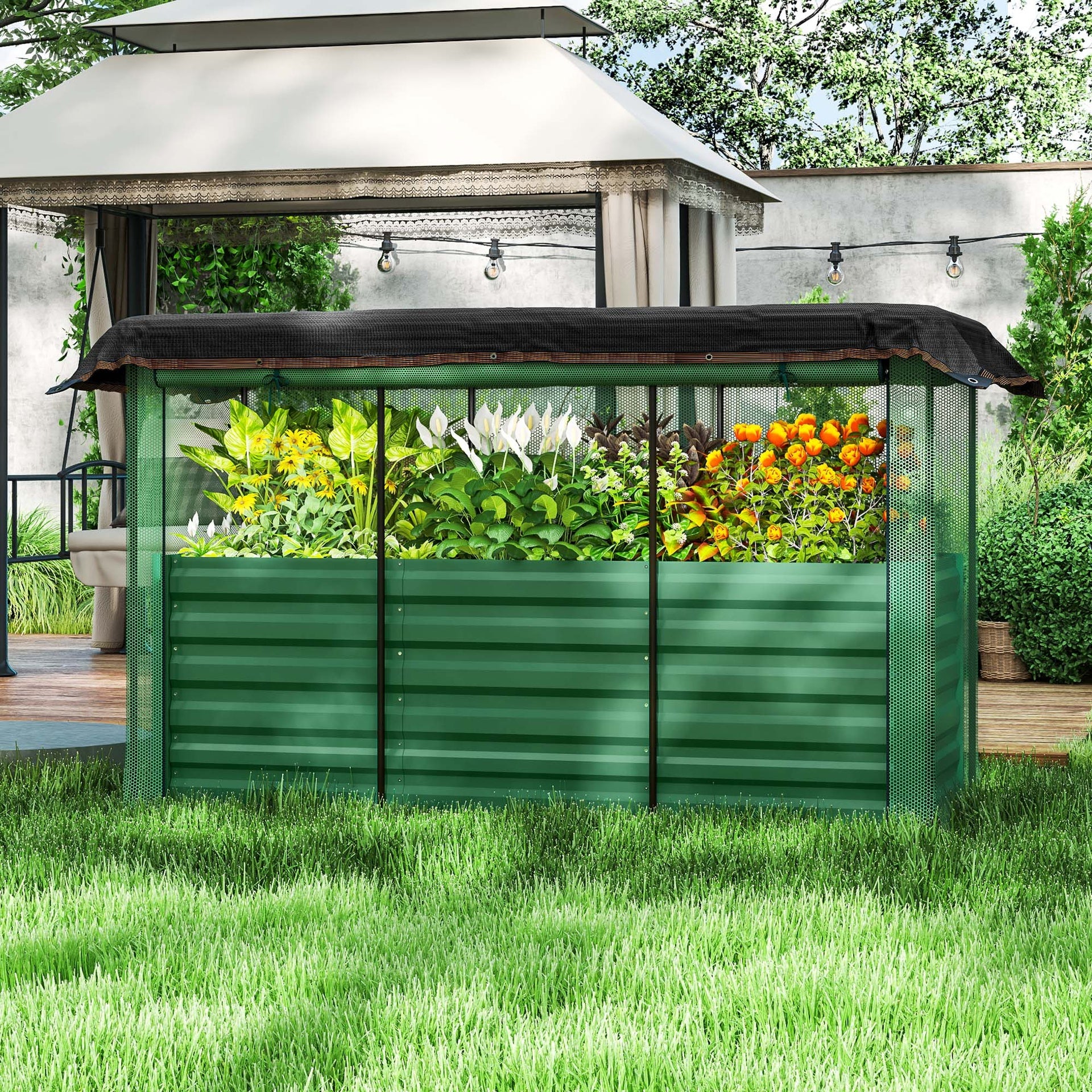 Outsunny Galvanized Steel Planter Box with Crop Cage and Shade Cloth, Raised Garden Bed for Flowers, Veggies and Herbs, Green