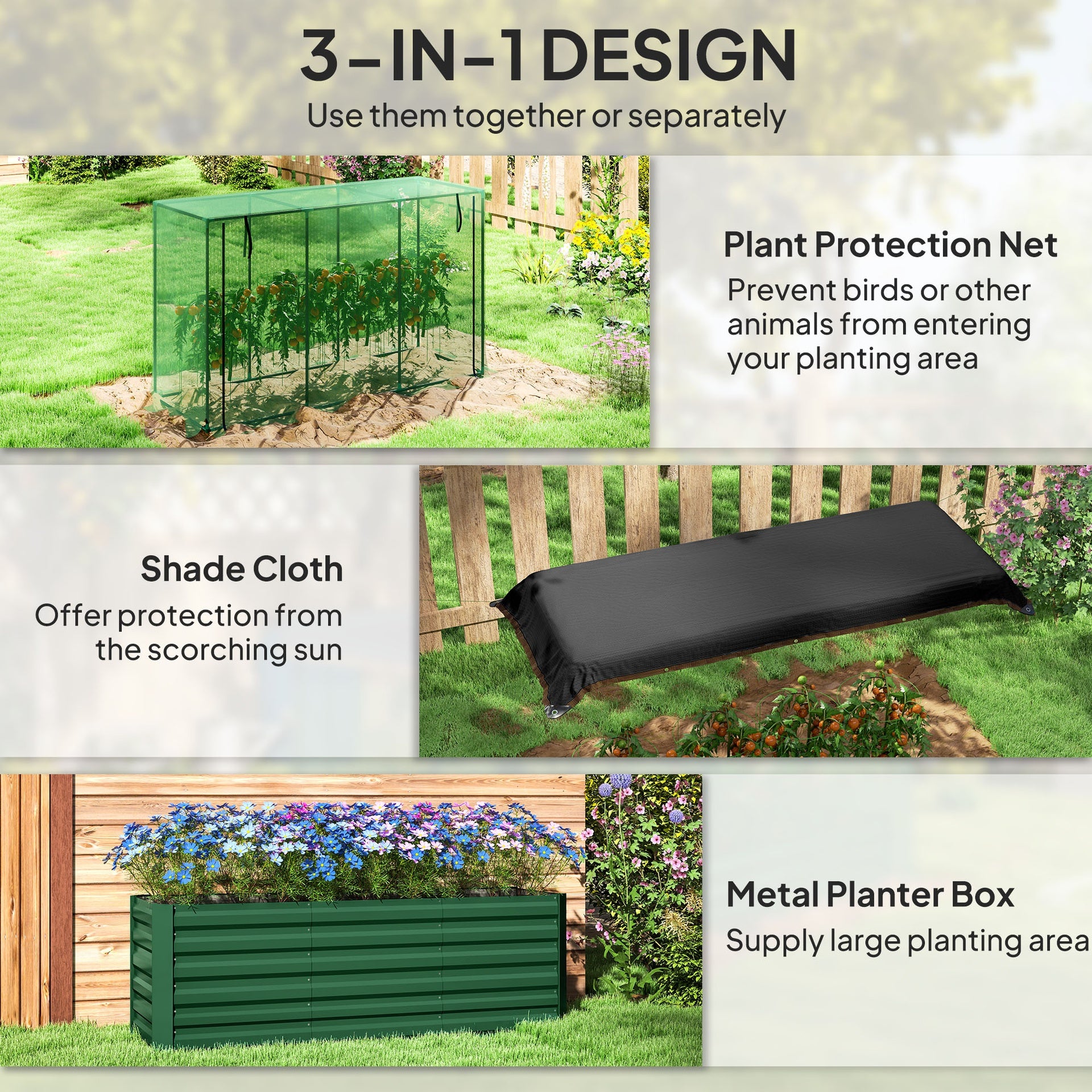 Outsunny Galvanized Steel Planter Box with Crop Cage and Shade Cloth, Raised Garden Bed for Flowers, Veggies and Herbs, Green
