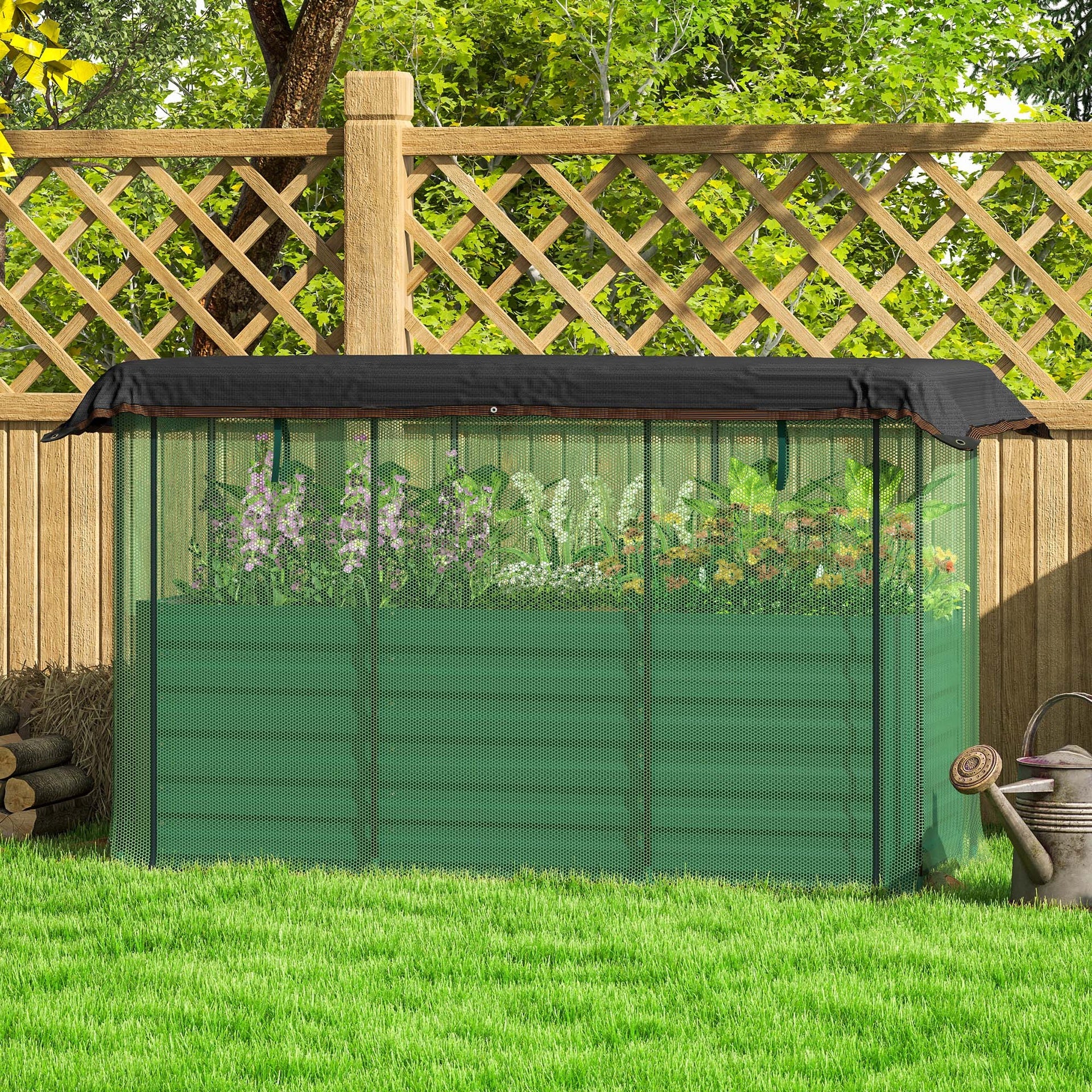 Outsunny Galvanized Steel Planter Box with Crop Cage and Shade Cloth, Raised Garden Bed for Flowers, Veggies and Herbs, Green