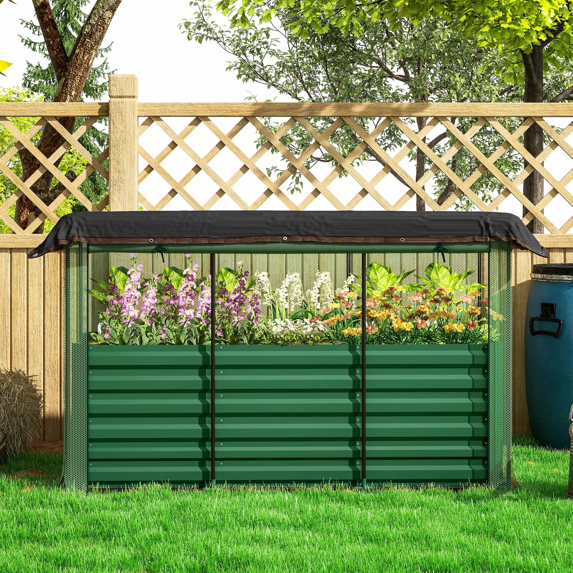 Outsunny Galvanized Steel Planter Box with Crop Cage and Shade Cloth, Raised Garden Bed for Flowers, Veggies and Herbs, Green