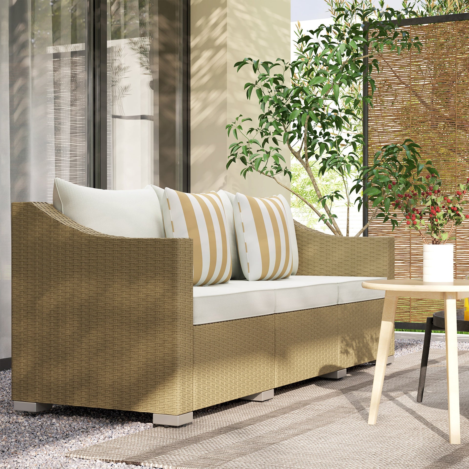 Outsunny Rattan Wicker 3 Seater Patio Couch with Cushions, 2 Throw Pillows, Outdoor Furniture Rattan Sofa, Cream White