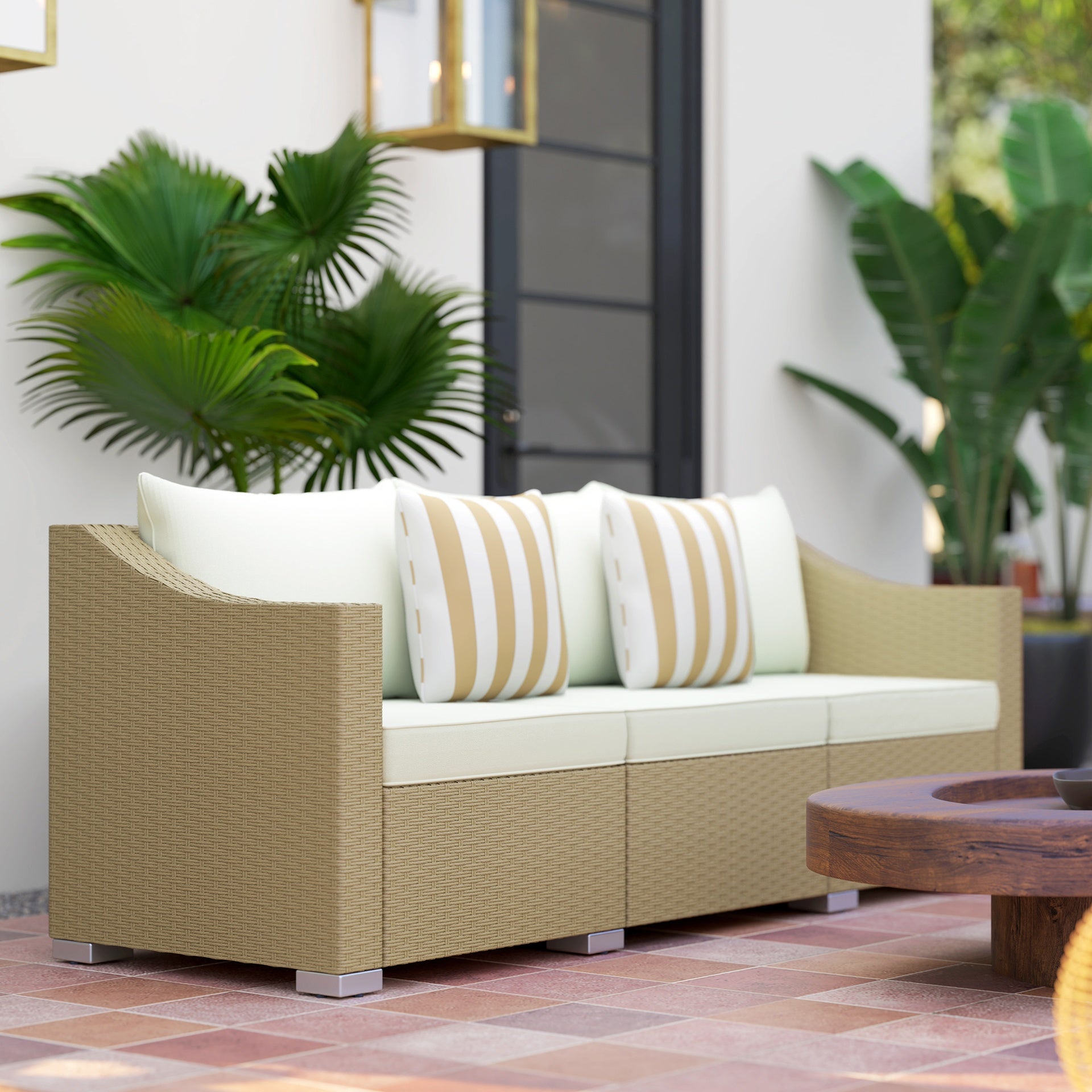 Outsunny Rattan Wicker 3 Seater Patio Couch with Cushions, 2 Throw Pillows, Outdoor Furniture Rattan Sofa, Cream White