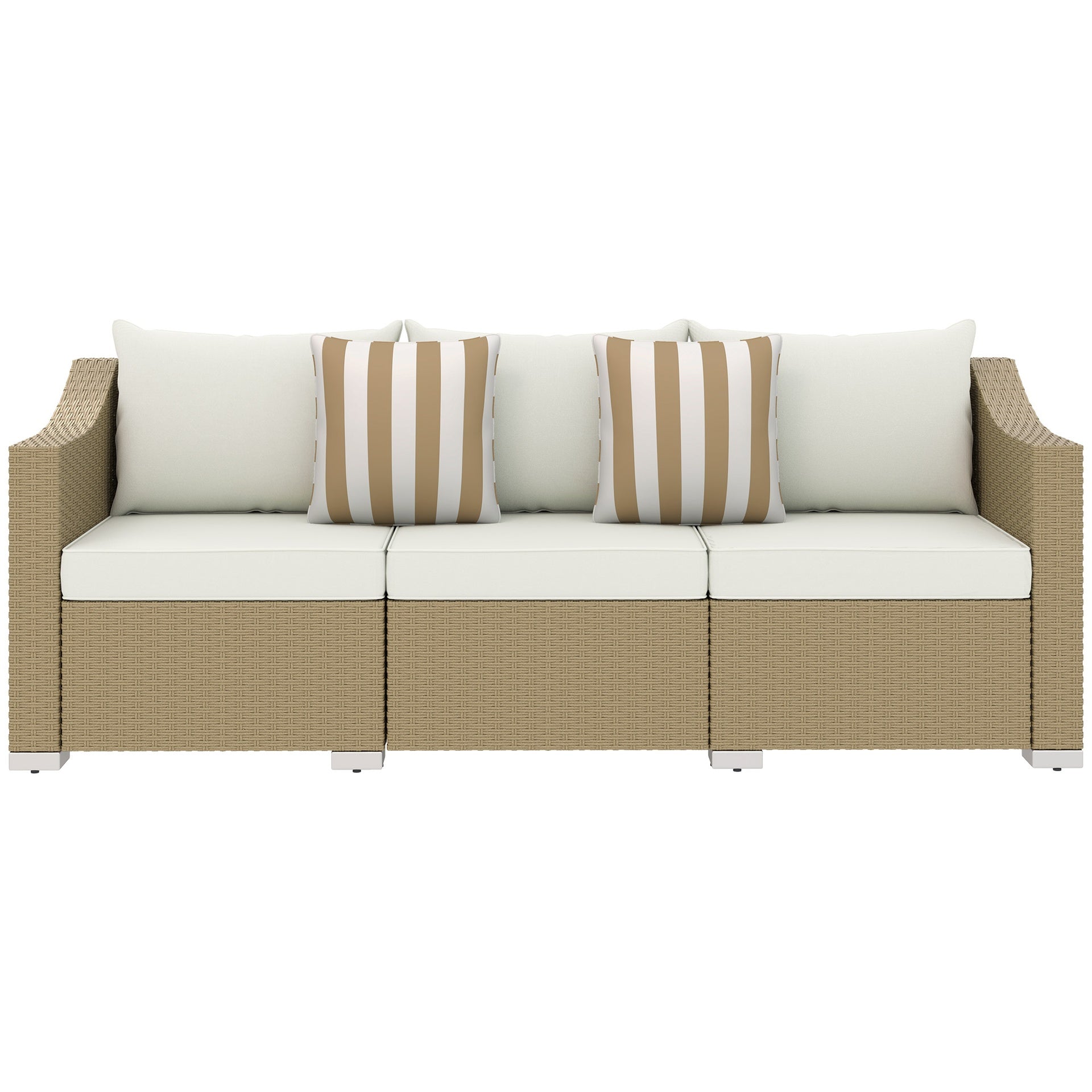 Outsunny Rattan Wicker 3 Seater Patio Couch with Cushions, 2 Throw Pillows, Outdoor Furniture Rattan Sofa, Cream White