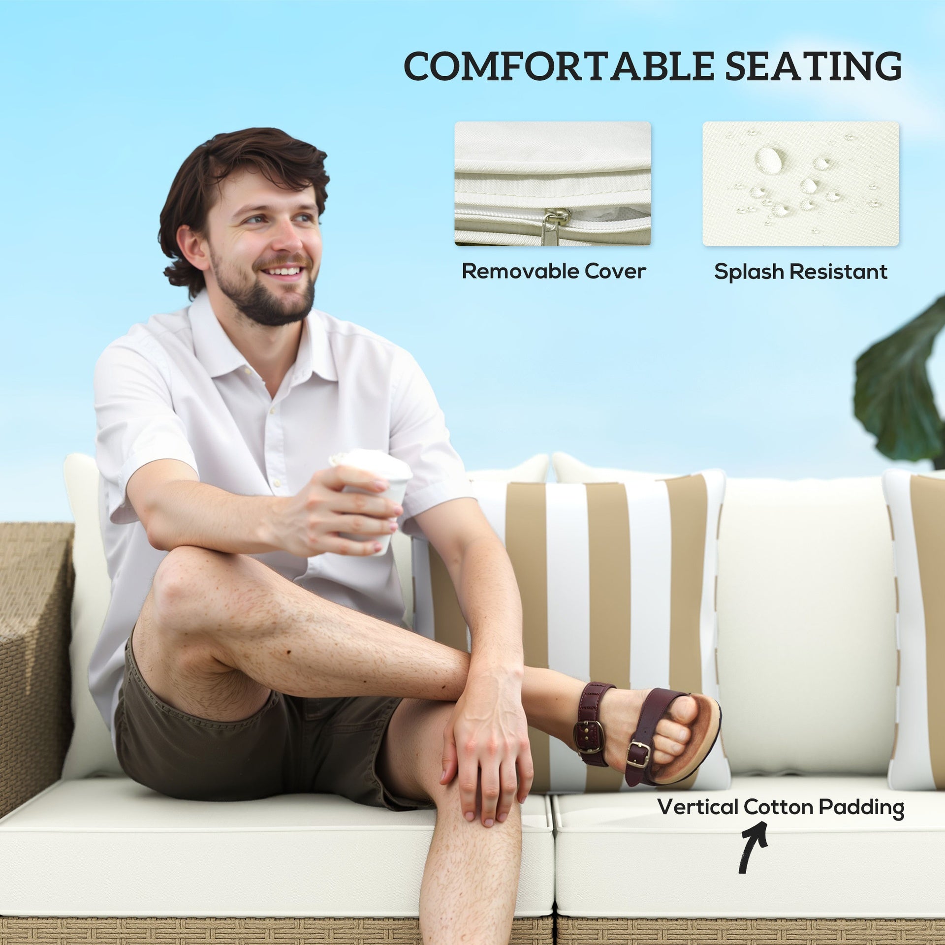 Outsunny Rattan Wicker 3 Seater Patio Couch with Cushions, 2 Throw Pillows, Outdoor Furniture Rattan Sofa, Cream White