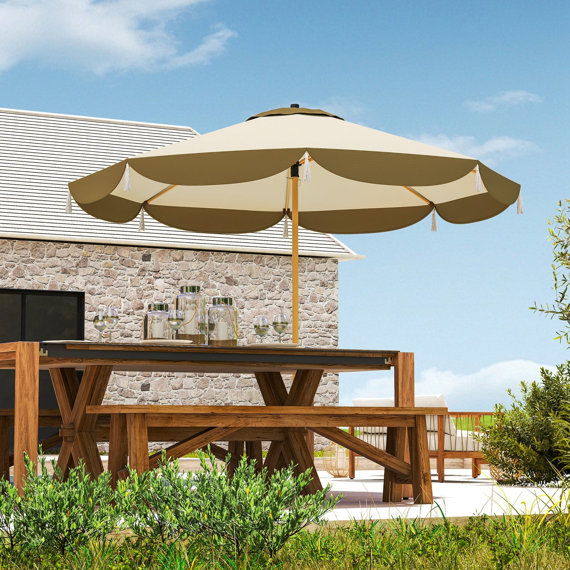 Outsunny 9FT Patio Umbrella, UPF 50+ Outdoor Market Umbrella with 8 Ribs, Vented Outdoor Table Umbrella for Deck, Backyard and Lawn, Cream White