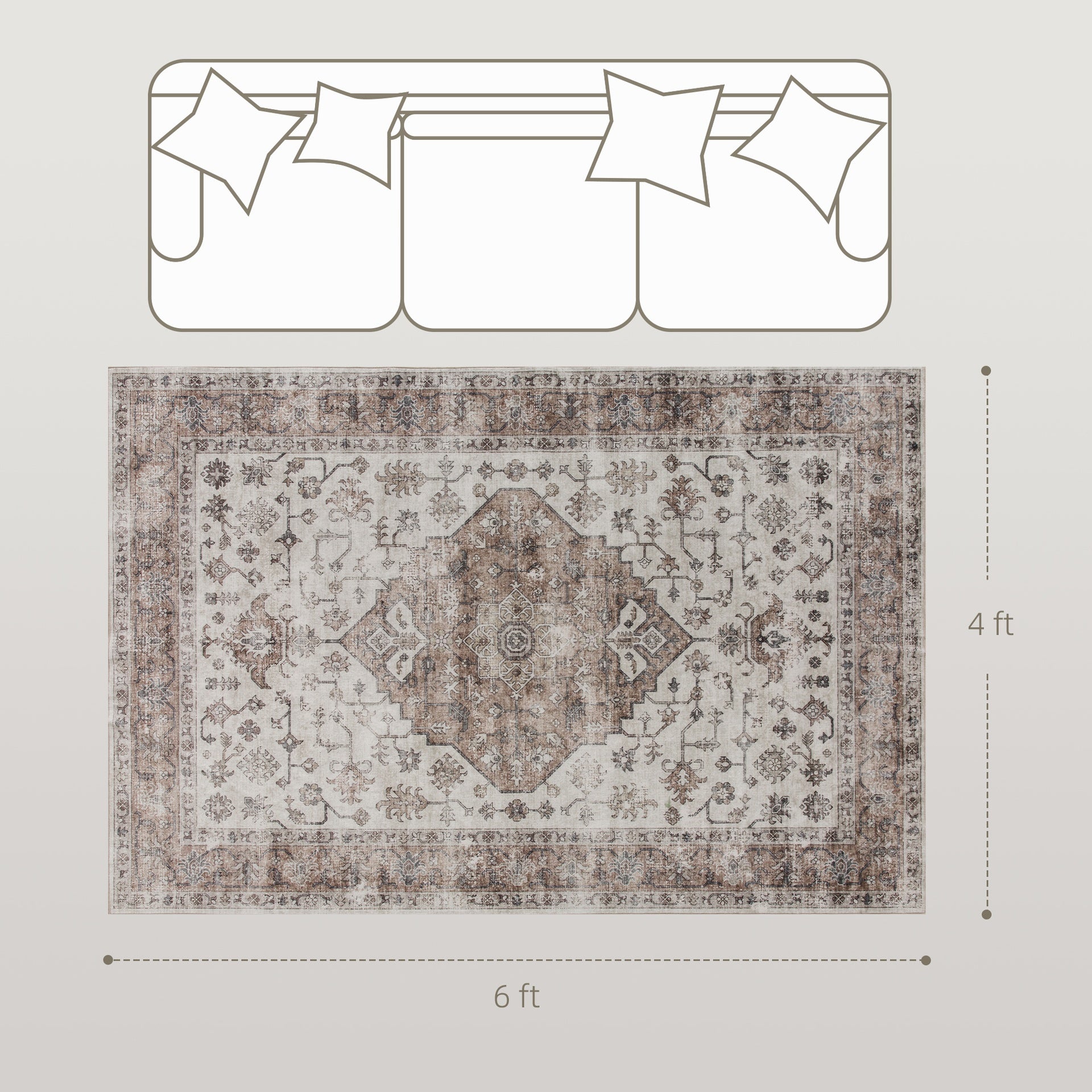 HOMCOM 4x6 Area Rug, Vintage Machine Washable Rug, Non-Slip Floor Carpet for Living Room, Bedroom, Dining Room, Tan