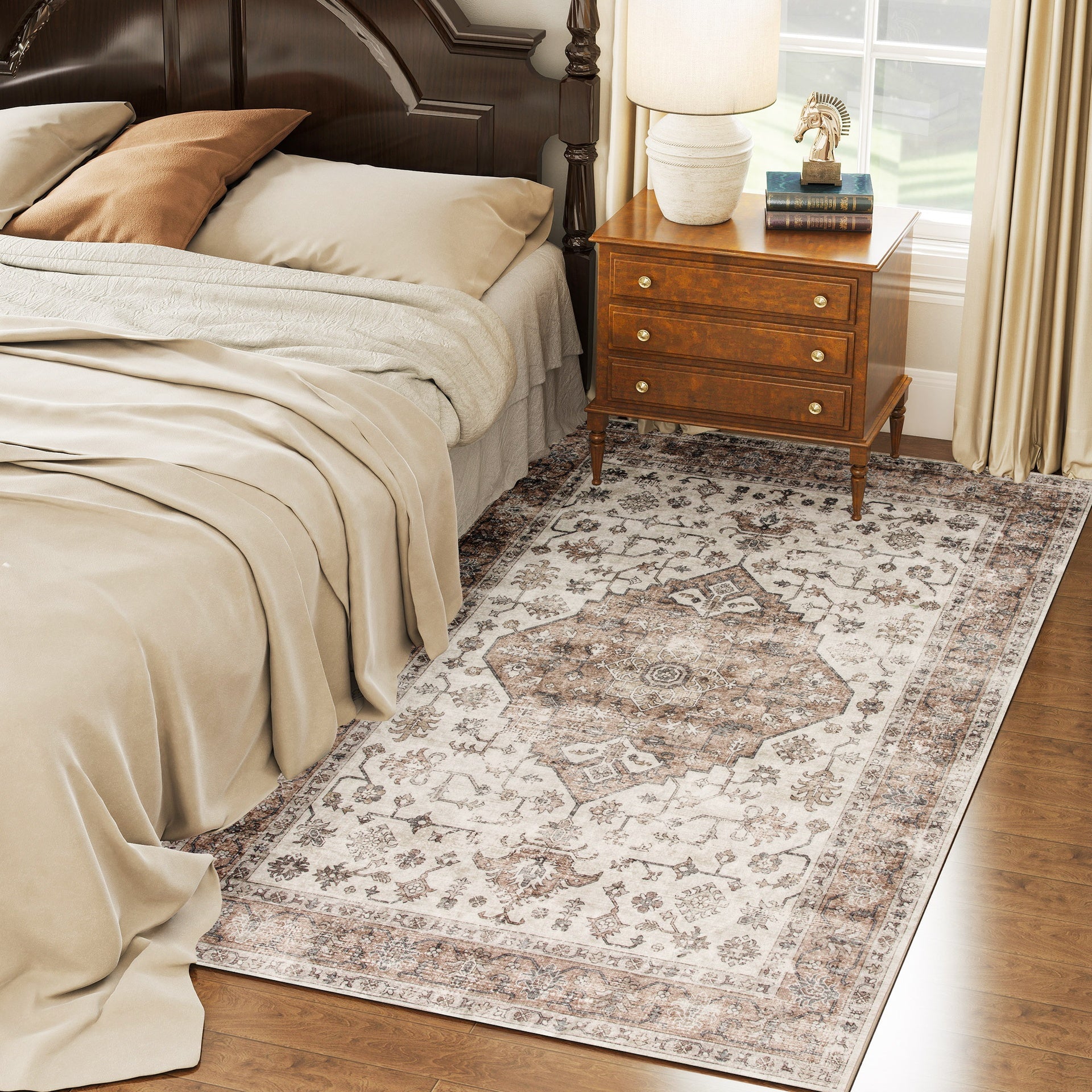 HOMCOM 4x6 Area Rug, Vintage Machine Washable Rug, Non-Slip Floor Carpet for Living Room, Bedroom, Dining Room, Tan