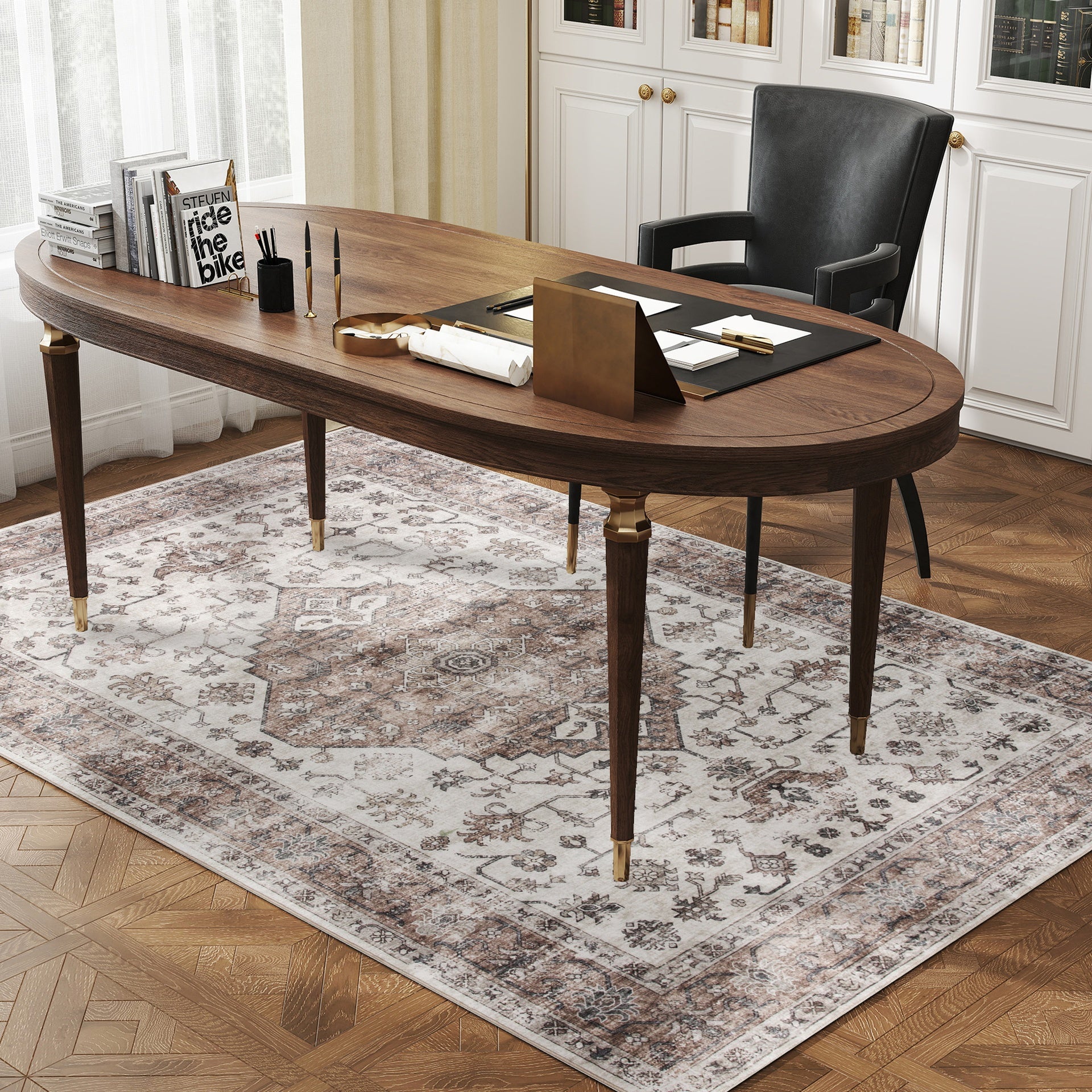 HOMCOM 4x6 Area Rug, Vintage Machine Washable Rug, Non-Slip Floor Carpet for Living Room, Bedroom, Dining Room, Tan