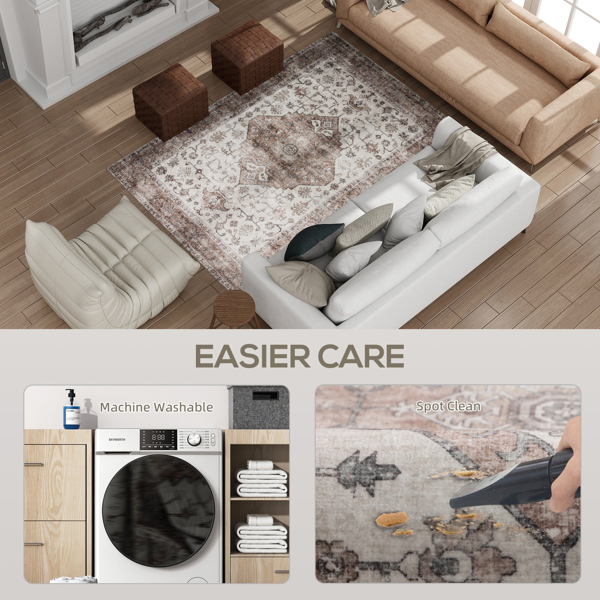 HOMCOM 4x6 Area Rug, Vintage Machine Washable Rug, Non-Slip Floor Carpet for Living Room, Bedroom, Dining Room, Tan
