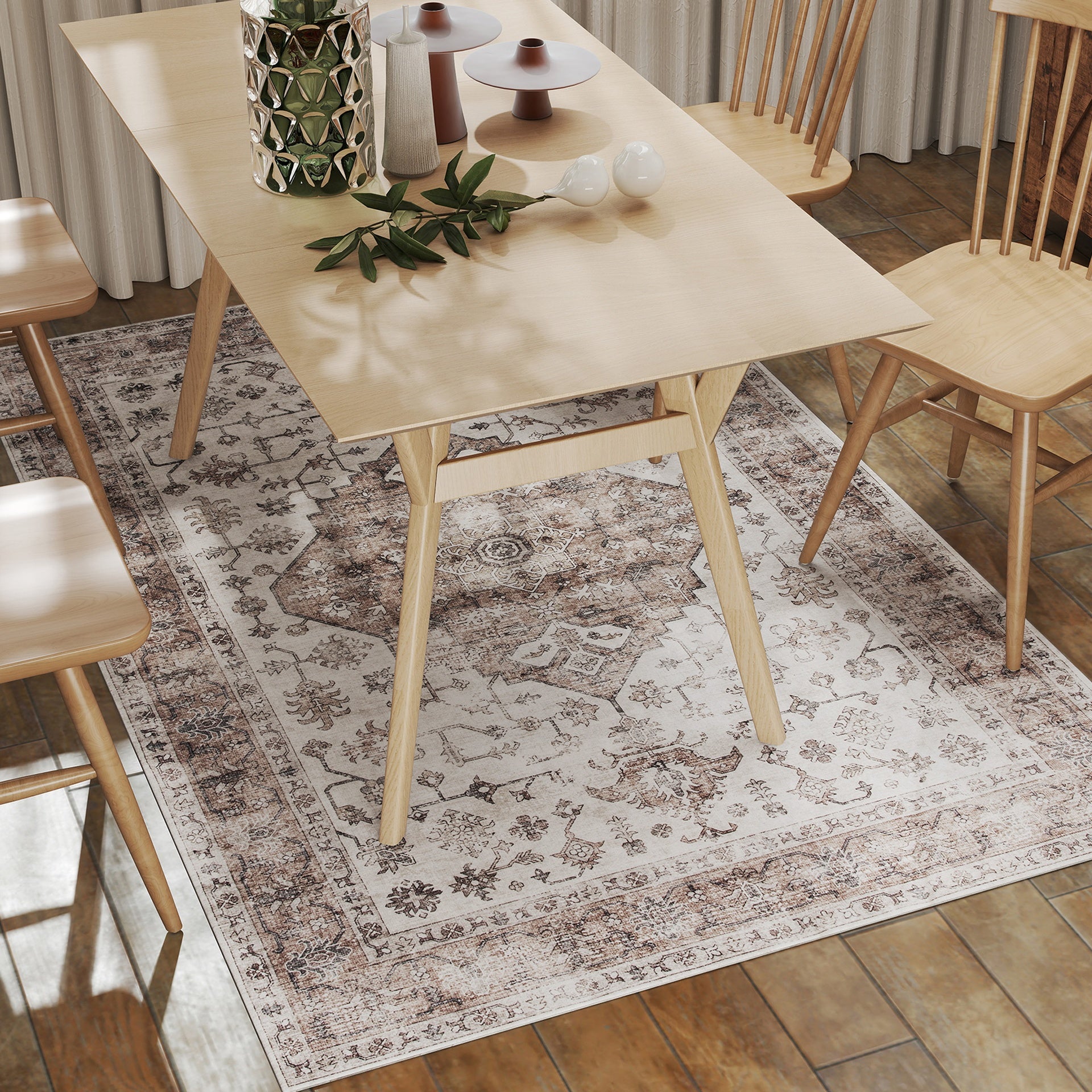 HOMCOM 4x6 Area Rug, Vintage Machine Washable Rug, Non-Slip Floor Carpet for Living Room, Bedroom, Dining Room, Tan