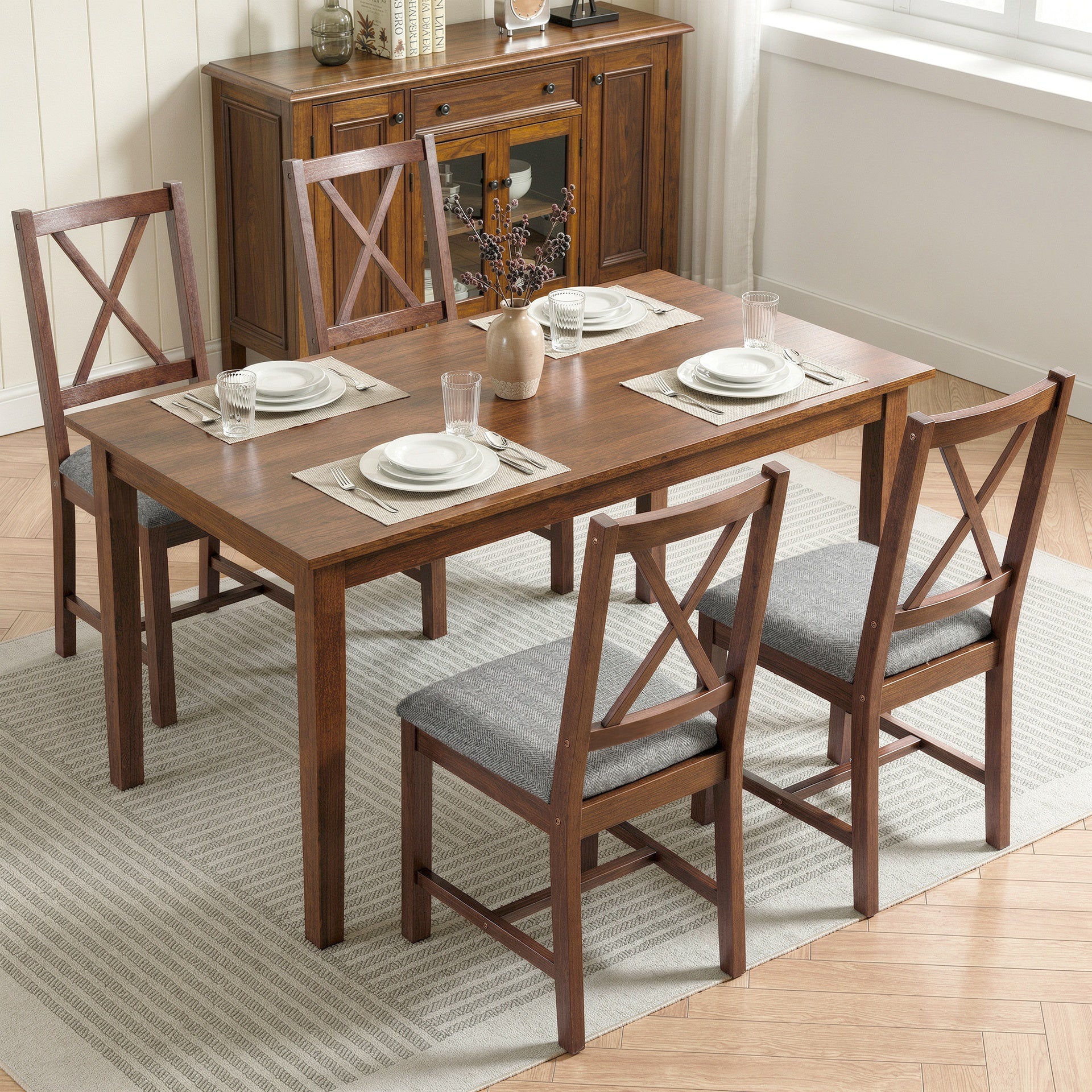 HOMCOM Set of 4 Dining Chairs, Upholstered X-Back Dining Room Chairs with Rubberwood Legs and Padded Seat for Kitchen, Walnut