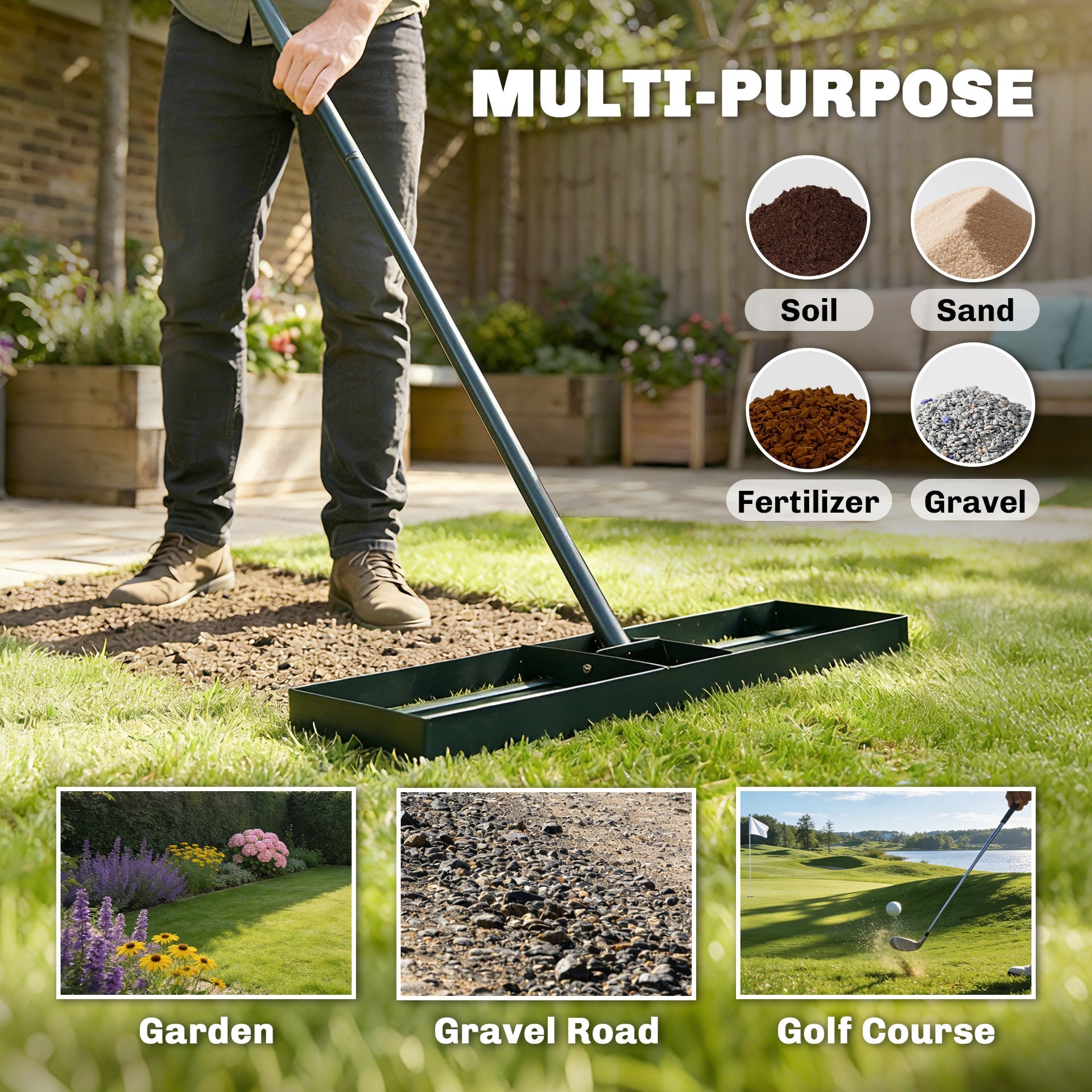 Outsunny Lawn Leveling Rake, 36" x 10" Heavy Duty Yard Leveling Rake with 66.5" Handle for Backyard, Golf Course