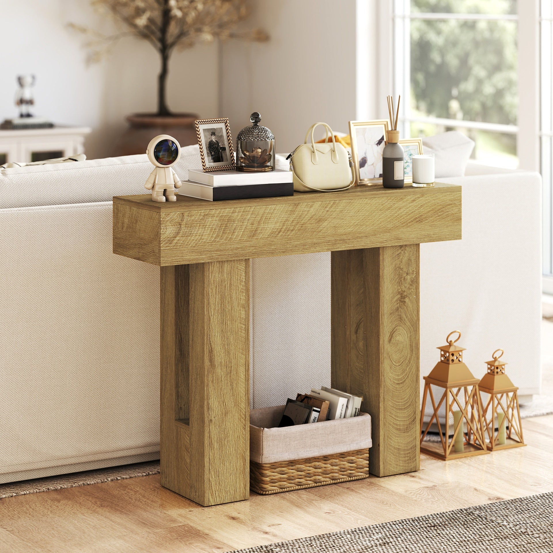 HOMCOM 42 Inch Console Table, Sofa Table Behind the Couch with Thickened Tabletop for Living Room, Hallway, Entrance, Oak
