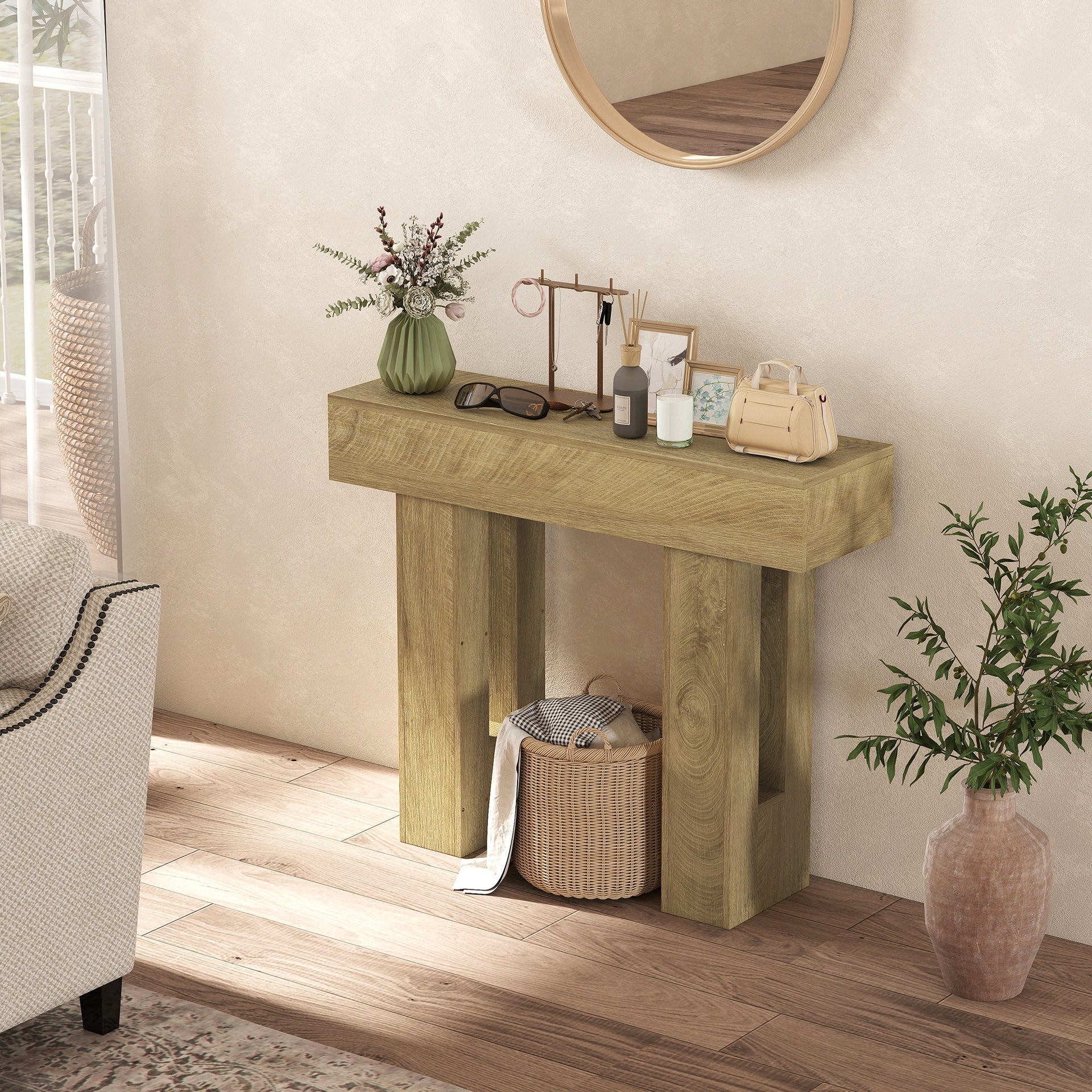 HOMCOM 42 Inch Console Table, Sofa Table Behind the Couch with Thickened Tabletop for Living Room, Hallway, Entrance, Oak