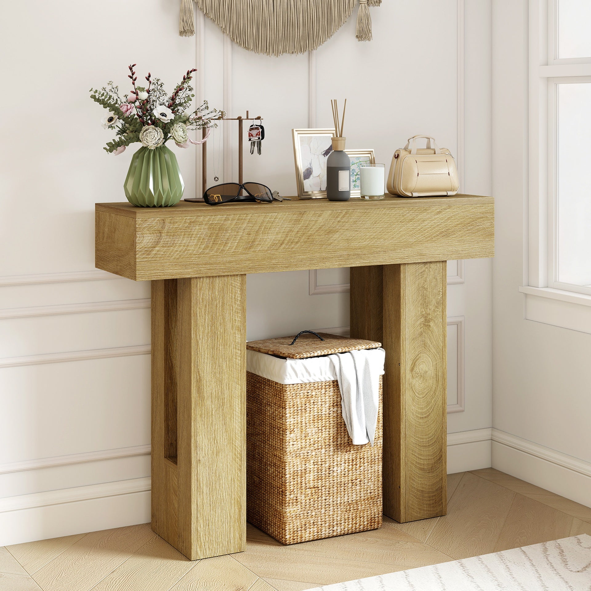 HOMCOM 42 Inch Console Table, Sofa Table Behind the Couch with Thickened Tabletop for Living Room, Hallway, Entrance, Oak