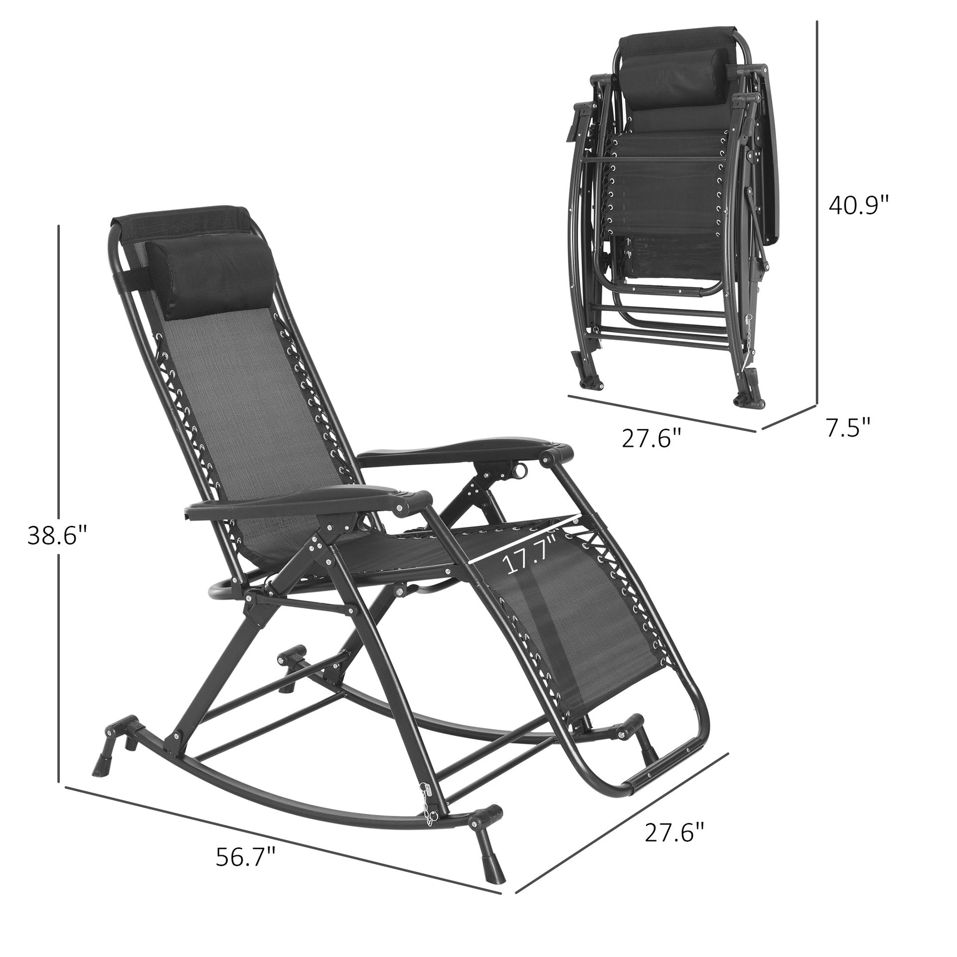 Outsunny Outdoor Rocking Chairs, Foldable Reclining Zero Gravity Lounge Rocker with Pillow, Cup & Phone Holder, Combo Design with Folding Legs, Gray