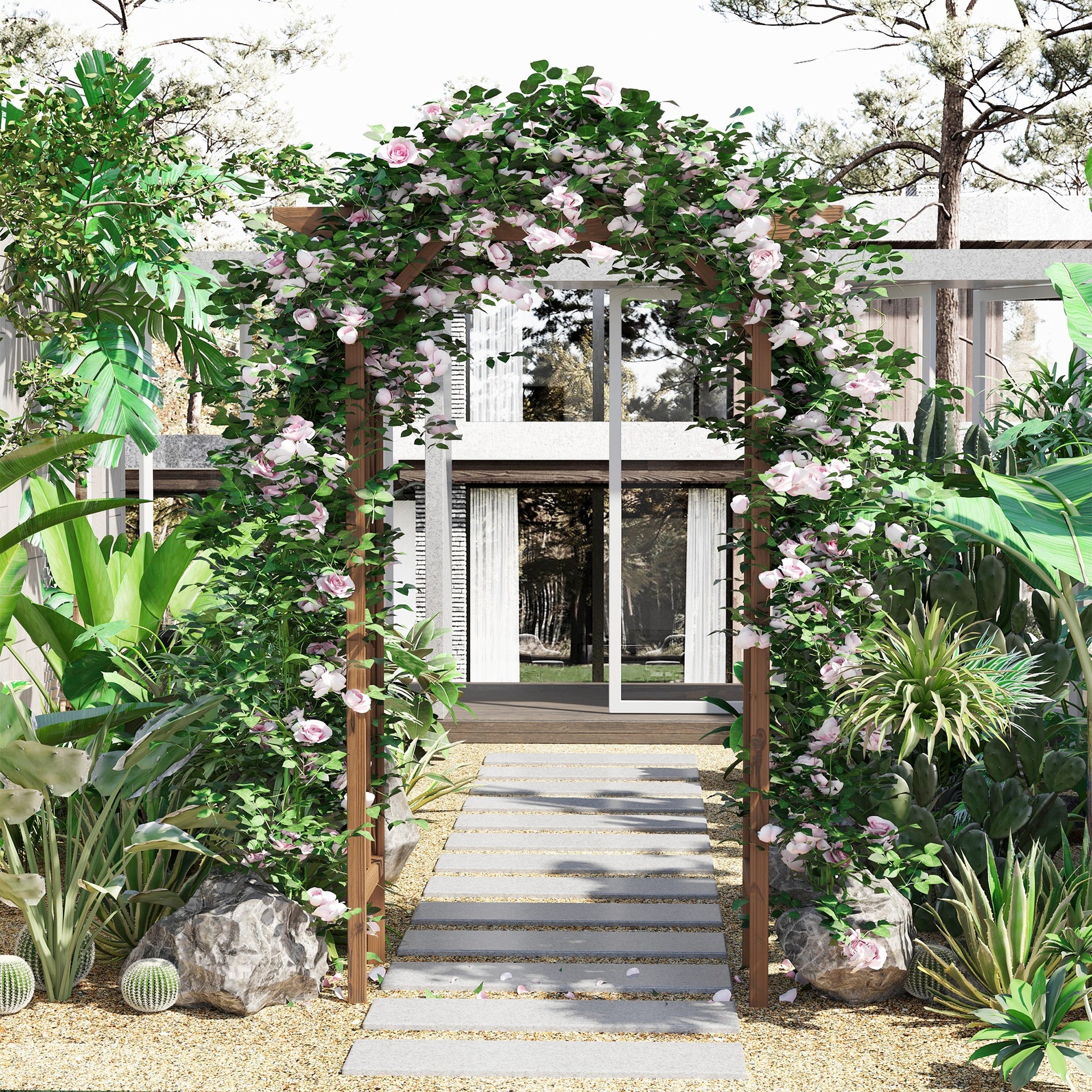 Outsunny 79in Wooden Garden Arbor Arch Trellis with Classic Countryside Style, Pergola Style Roof for Climbing Vines for Ceremony Party Weddings