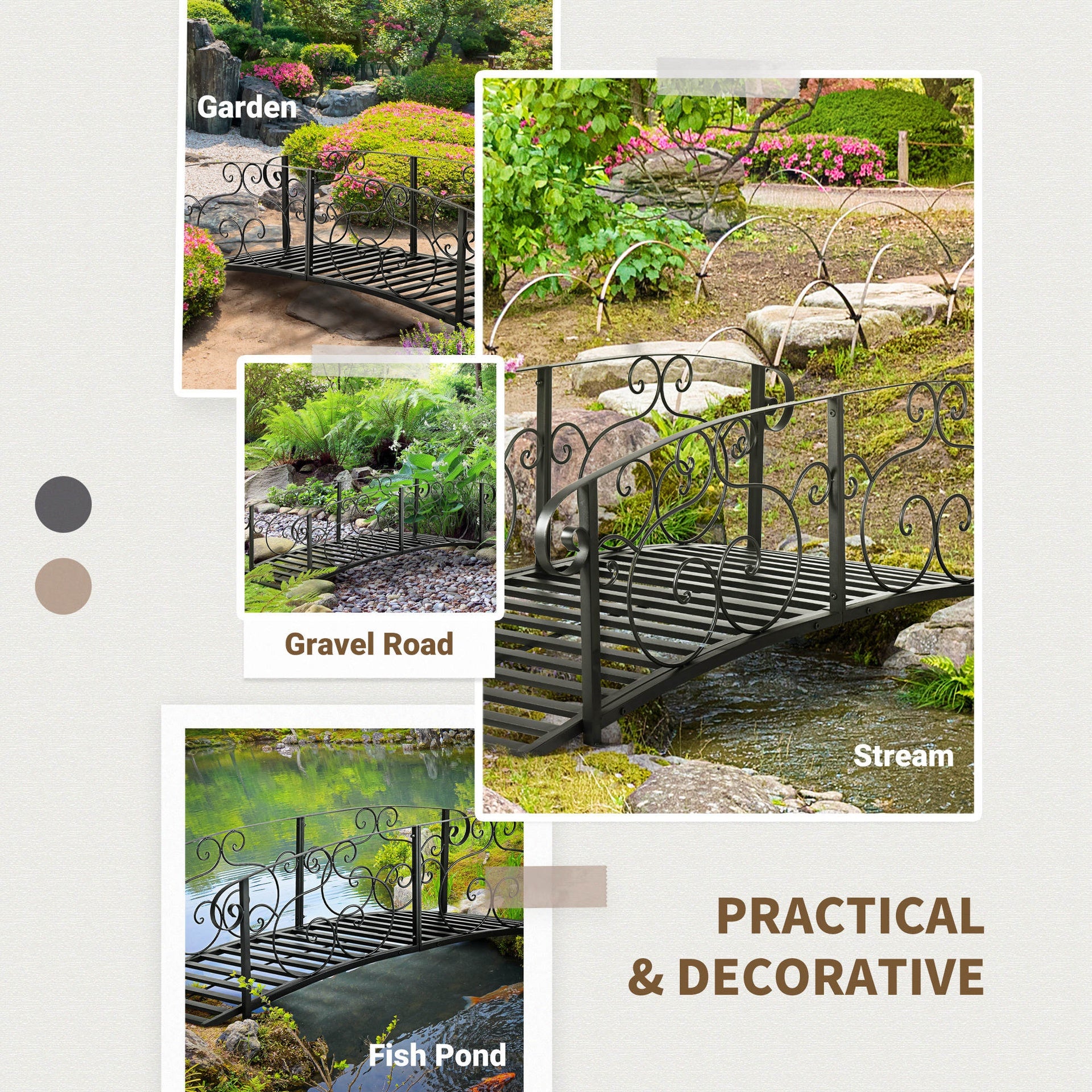 Outsunny 6' Metal Arch Backyard Garden Bridge, Safety Siderails, Arc Footbridge for Backyard Creek, Stream, Pond