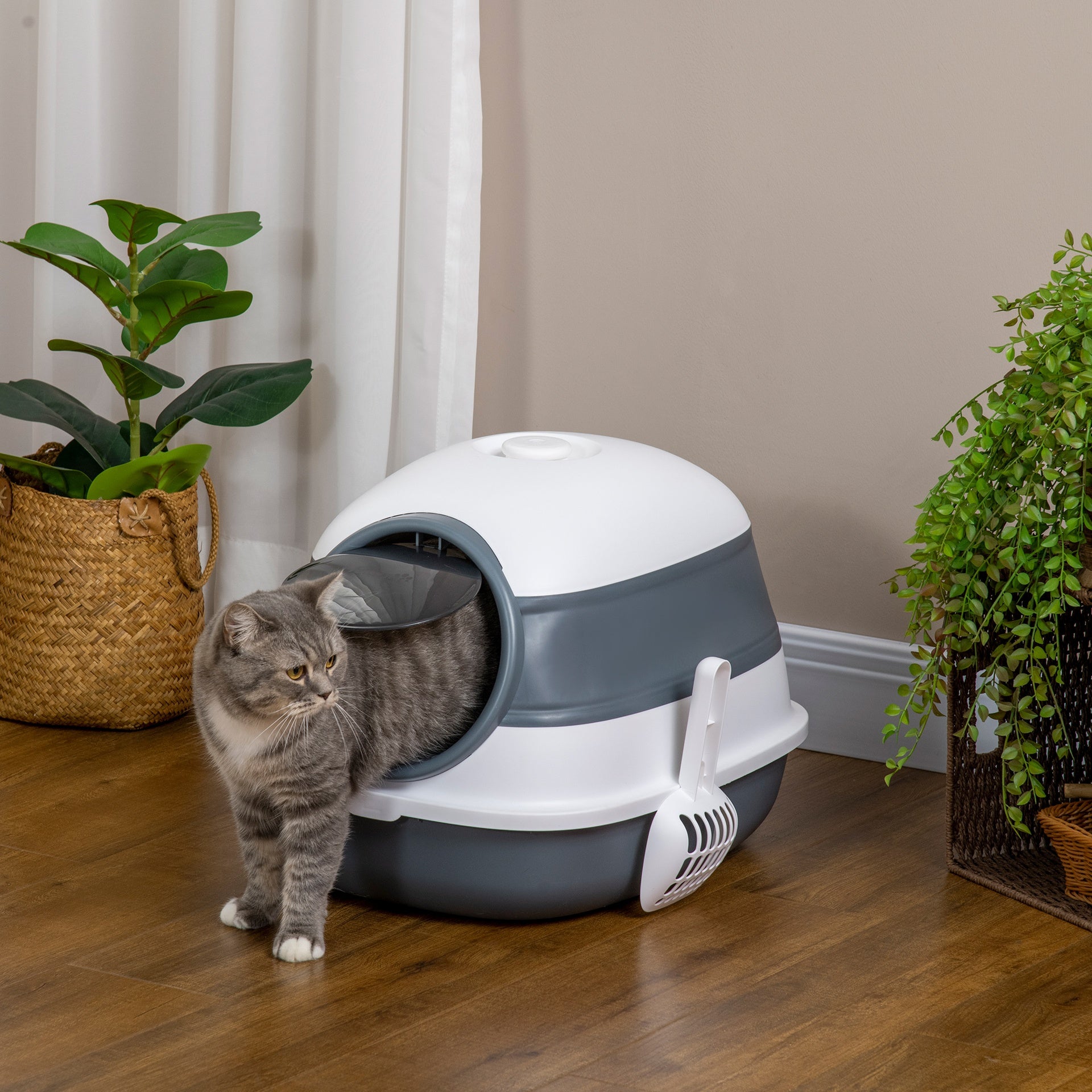 PawHut Dome Covered Cat Litter Box with Lid, White and Gray