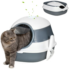 PawHut Dome Covered Cat Litter Box with Lid, White and Gray