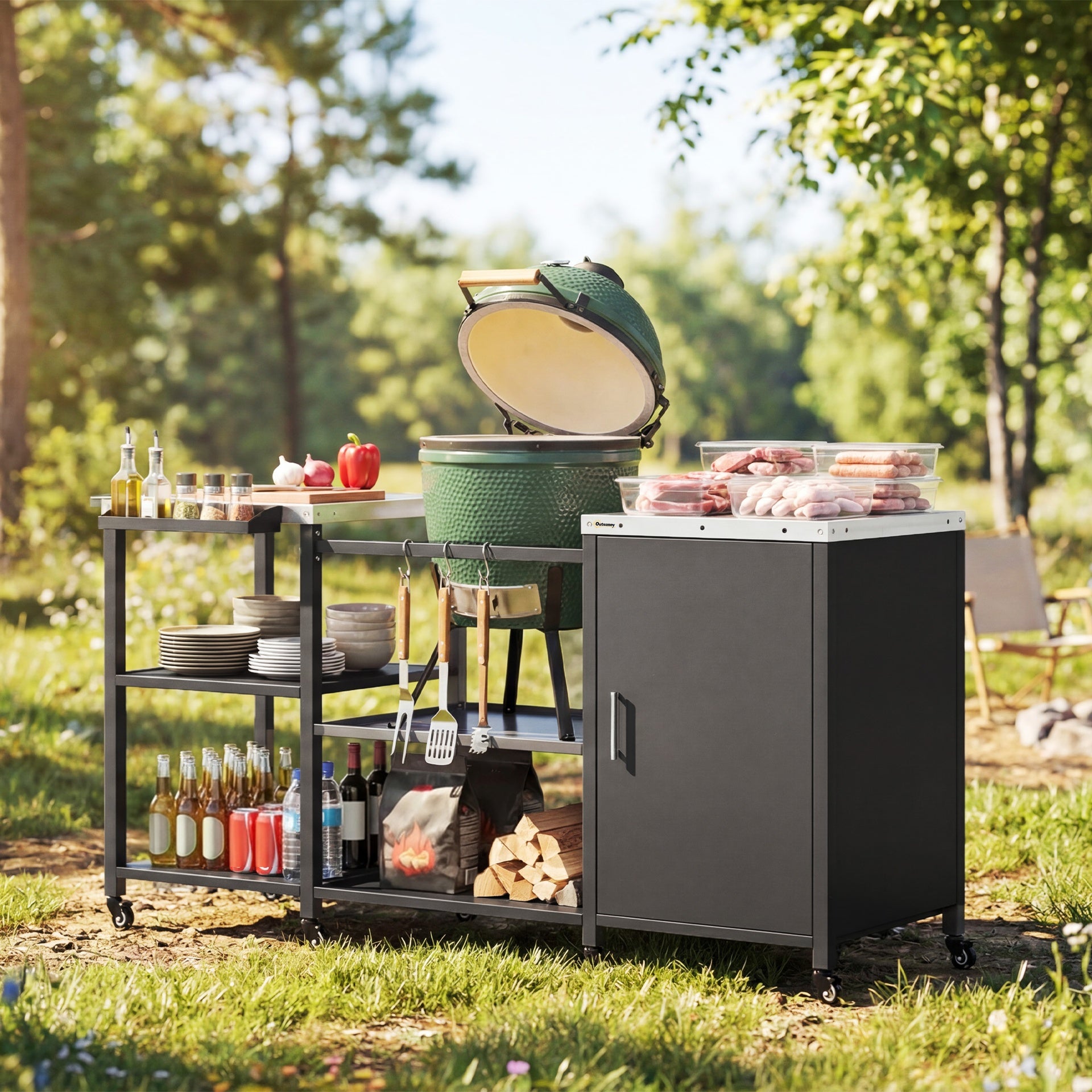 Outsunny Grill Table for Big Green Egg Grill, Heavy Duty Metal BBQ Prep Table with Stainless Steel Top and Storage Cabinet, Black