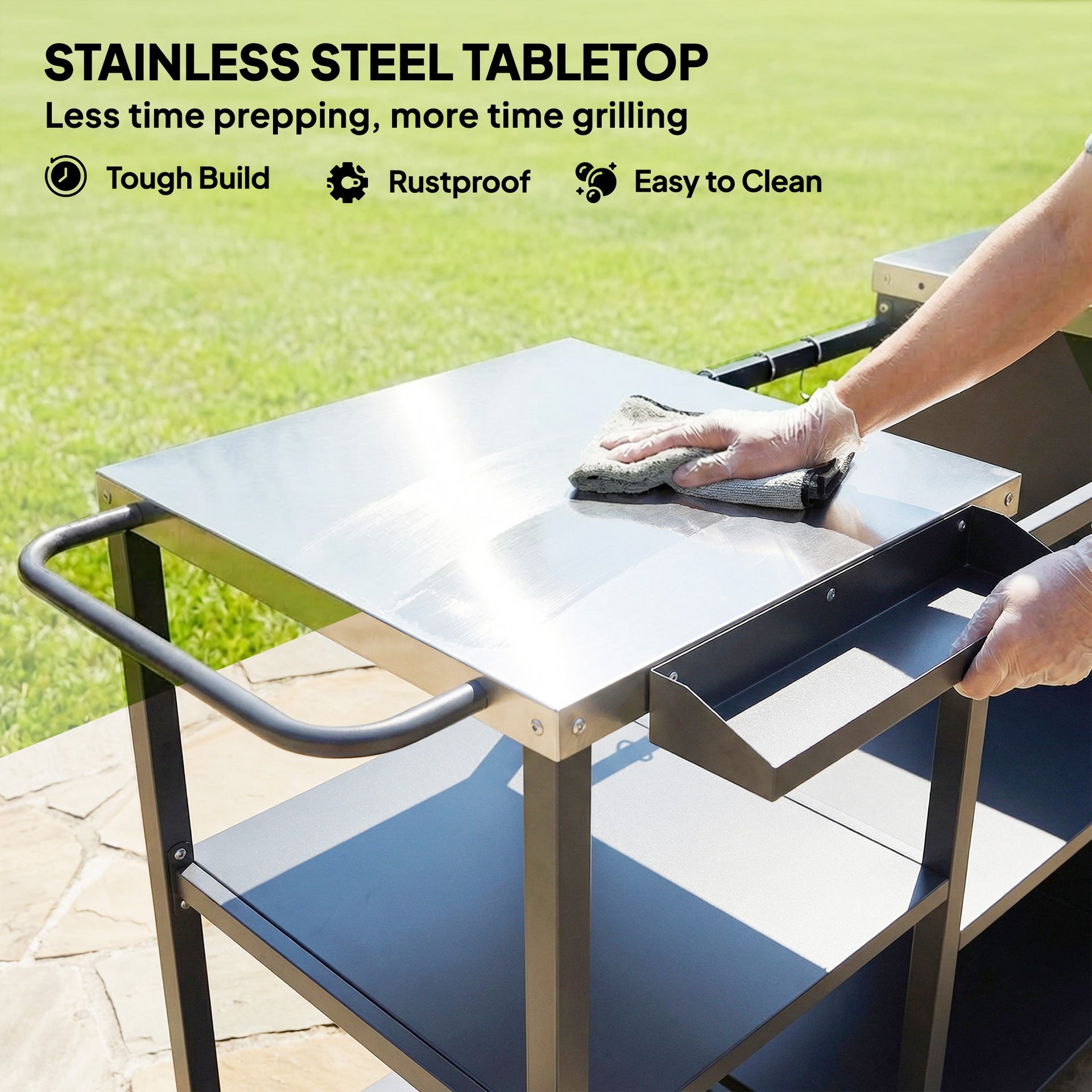 Outsunny Grill Table for Big Green Egg Grill, Heavy Duty Metal BBQ Prep Table with Stainless Steel Top and Storage Cabinet, Black
