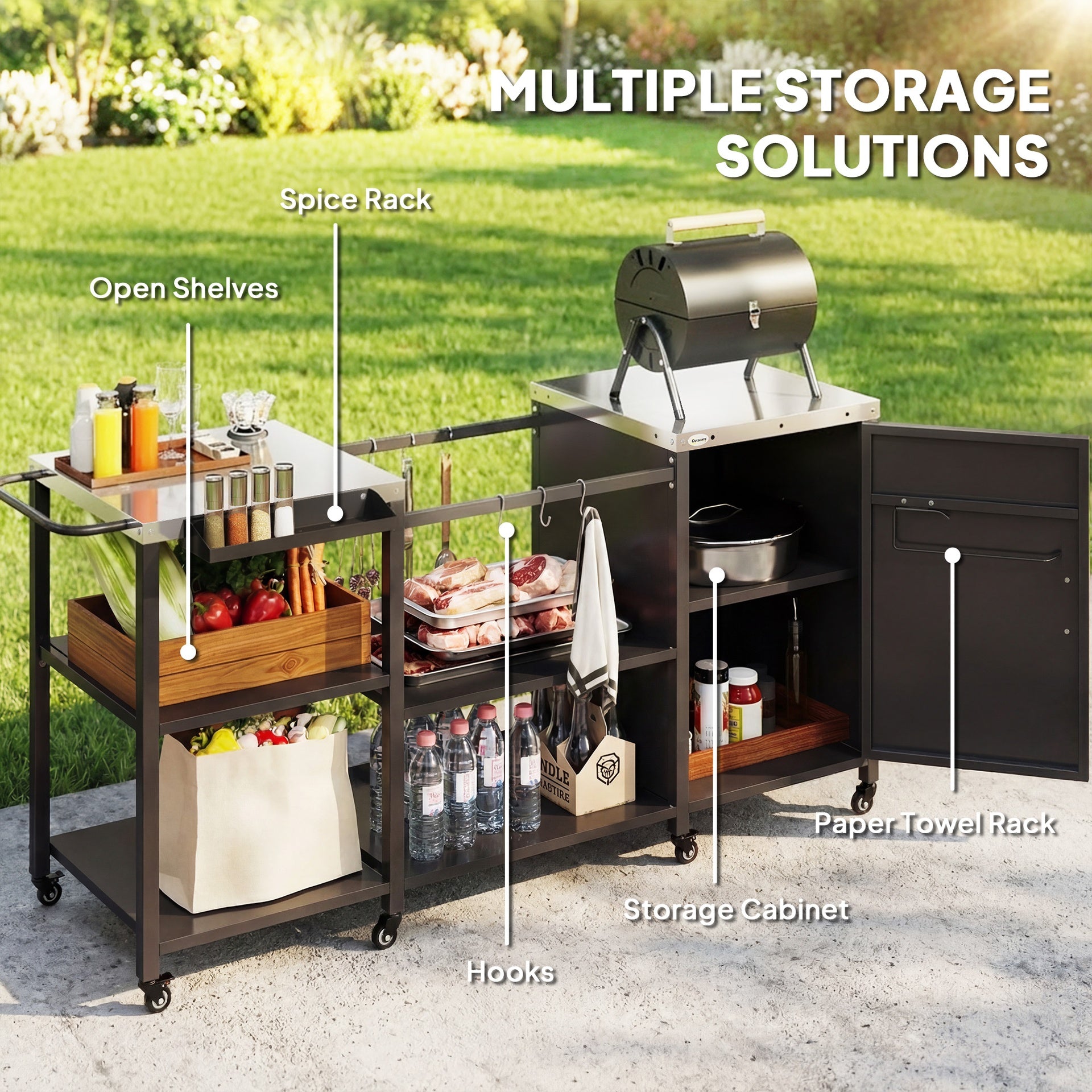 Outsunny Grill Table for Big Green Egg Grill, Heavy Duty Metal BBQ Prep Table with Stainless Steel Top and Storage Cabinet, Black