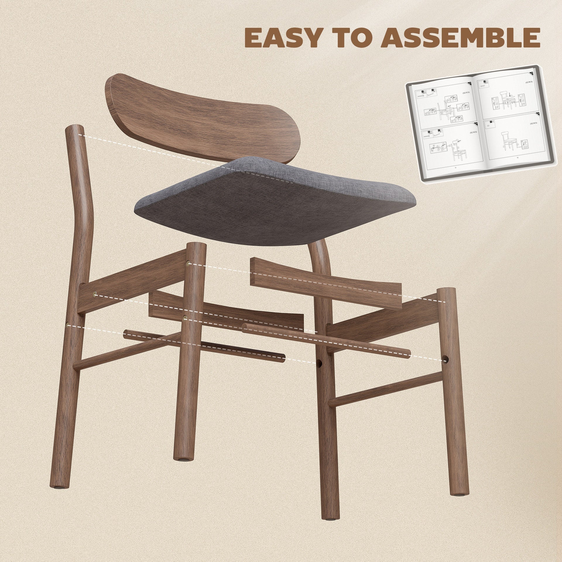 HOMCOM Set of 4 Dining Chairs, Upholstered Dining Room Chairs with Rubberwood Legs and Padded Seat for Kitchen, Gray