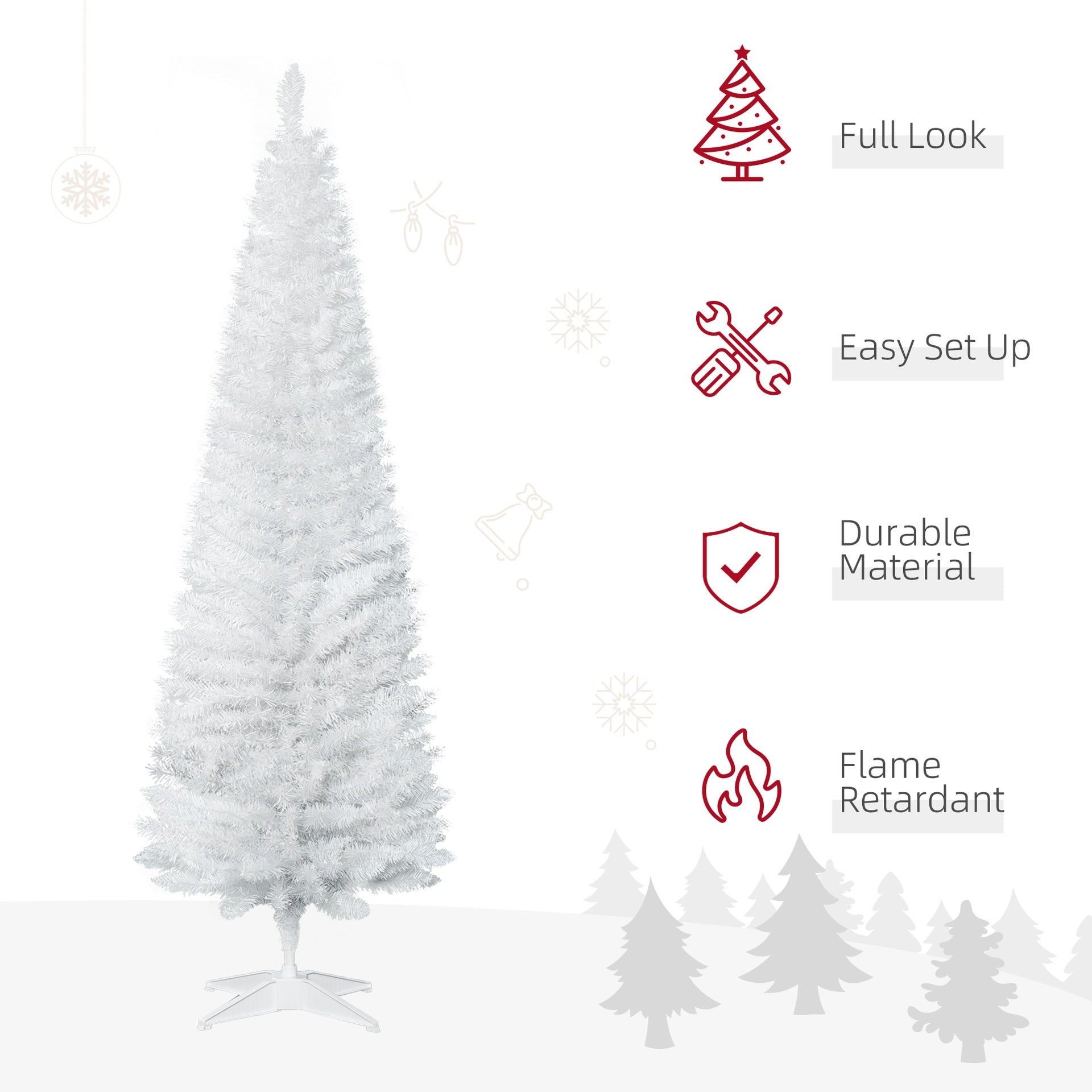 HOMCOM 6' Artificial Pencil Christmas Tree, Slim Xmas Tree with 390 Realistic Branch Tips and Plastic Stand, White