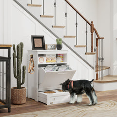 PawHut Pet Feeder Station Storage Cabinet, Dog Food Storage Container with Dog Raised Bowls, Watering Supplies, White