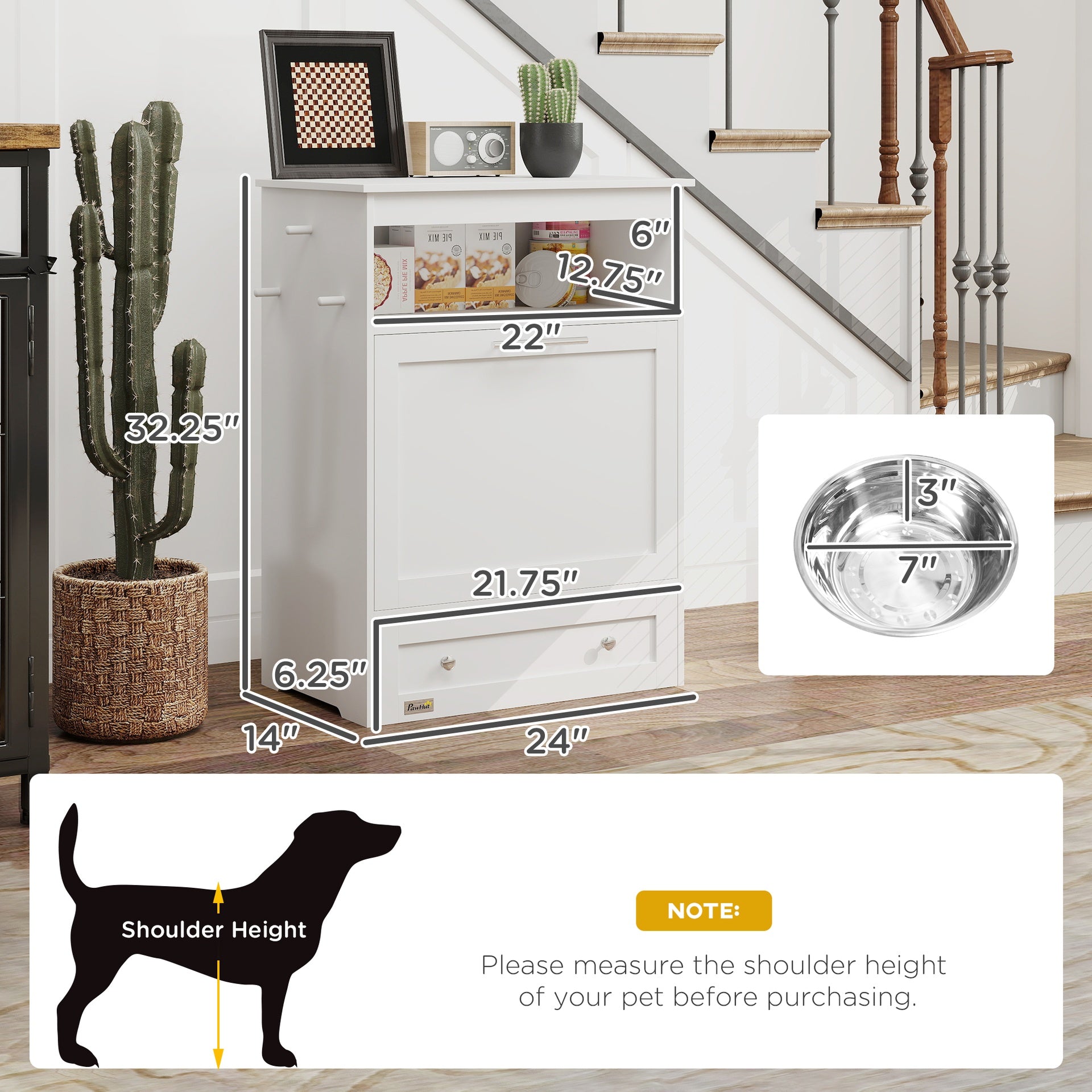 PawHut Pet Feeder Station Storage Cabinet, Dog Food Storage Container with Dog Raised Bowls, Watering Supplies, White