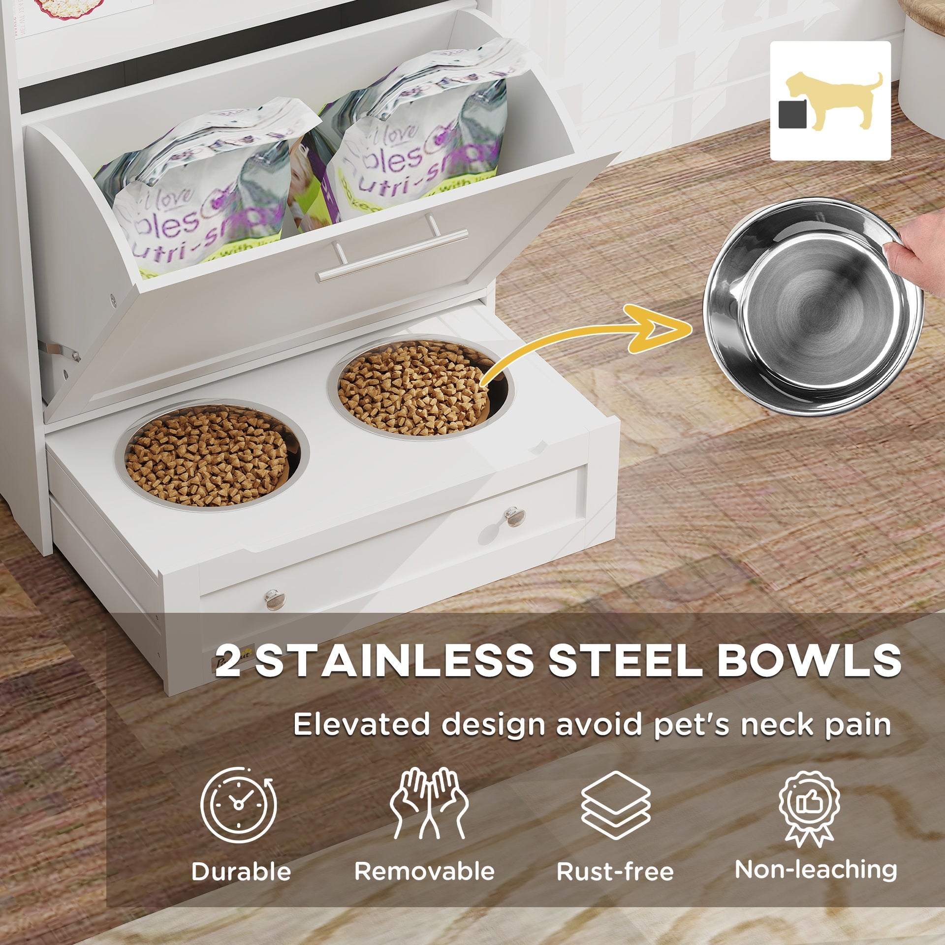 PawHut Pet Feeder Station Storage Cabinet, Dog Food Storage Container with Dog Raised Bowls, Watering Supplies, White