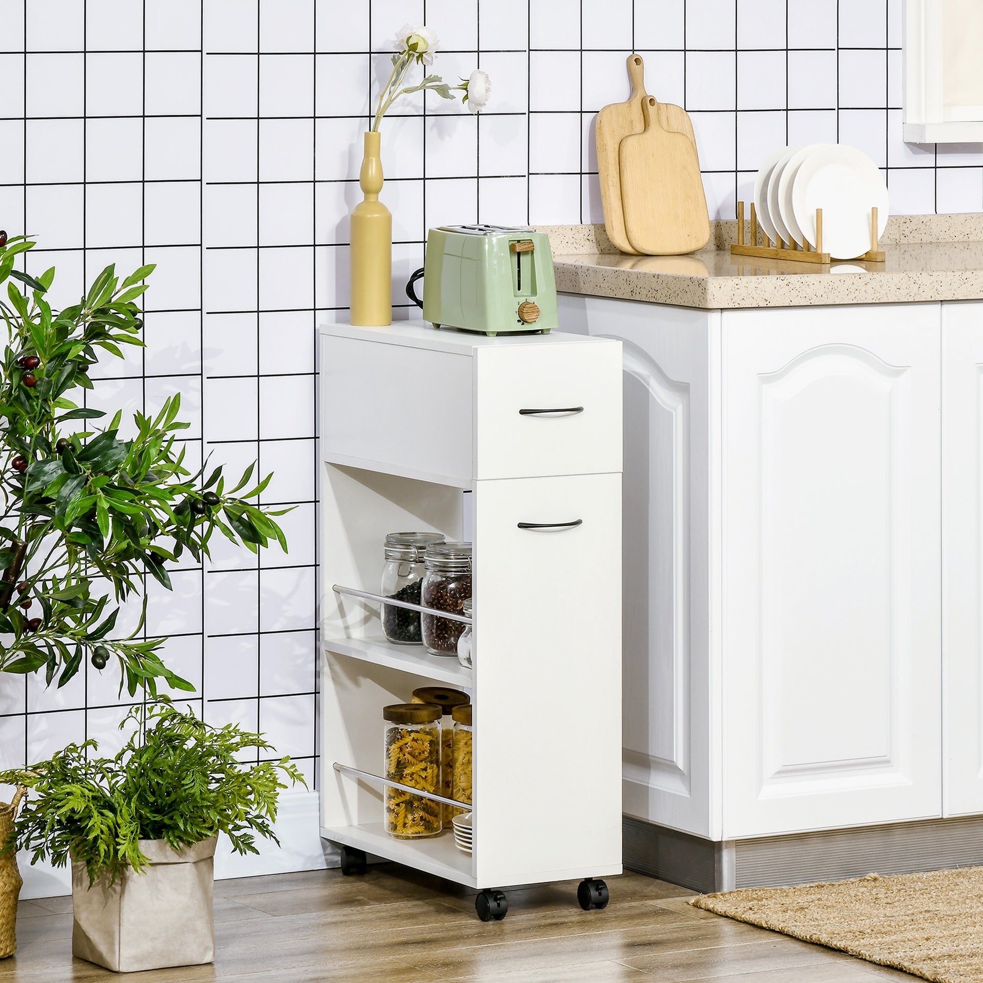 HOMCOM 3- tier Slim Storage Cart, Rolling Narrow Kitchen Cart on Wheels for Small Place, Slide Out Side Utility Cart for Bathroom, Laundry